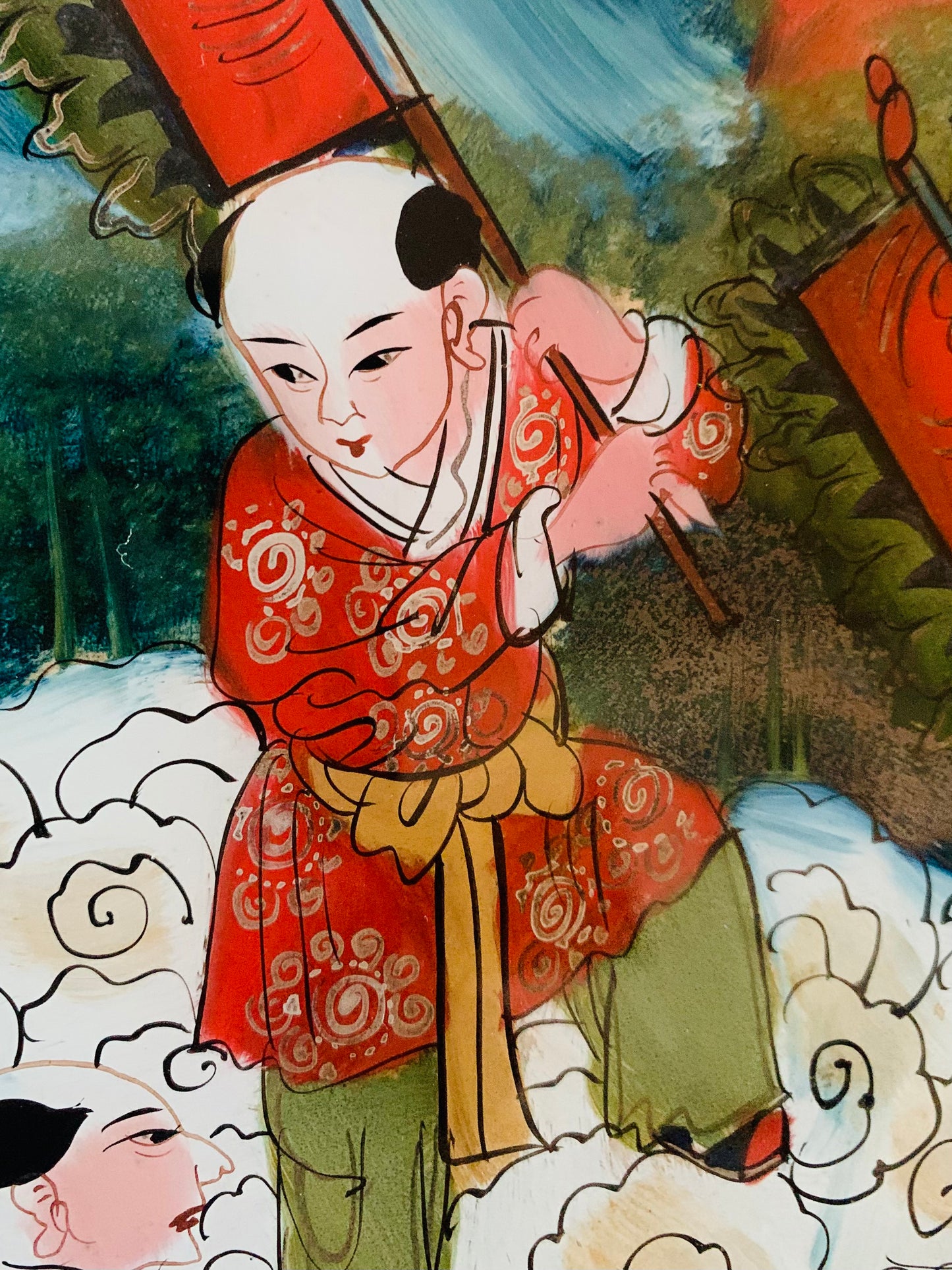 Antique Qing Dynasty Chinese Reverse Painting on Glass, Depicting Chinese Parade, Confucius. Chinese Glass Painting.