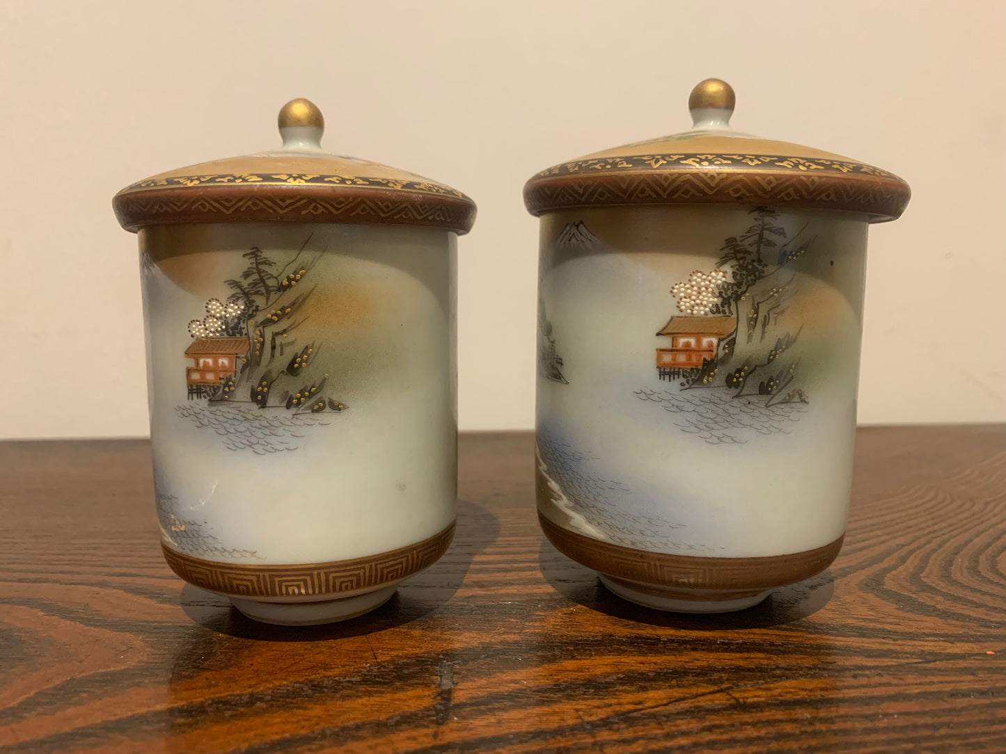 Antique Japanese Meji Period Satsuma Cups, Poetry & Calligraphy Inside, Wedding Marriage Lidded Tea Cups, Husband & Wife Ceremonial Cups.