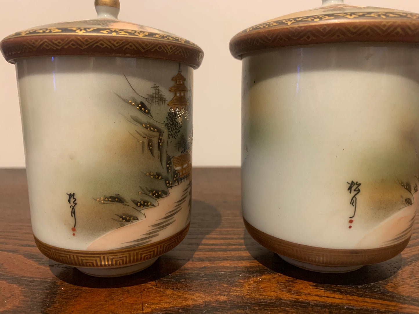 Antique Japanese Meji Period Satsuma Cups, Poetry & Calligraphy Inside, Wedding Marriage Lidded Tea Cups, Husband & Wife Ceremonial Cups.