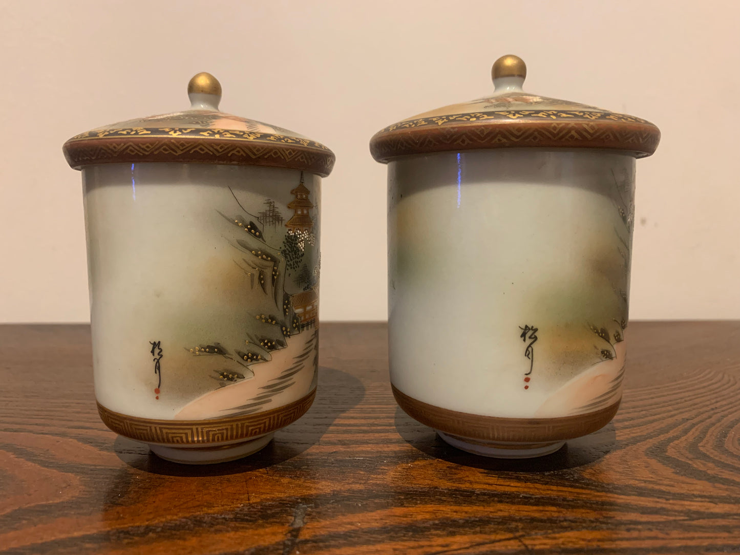 Antique Japanese Meji Period Satsuma Cups, Poetry & Calligraphy Inside, Wedding Marriage Lidded Tea Cups, Husband & Wife Ceremonial Cups.