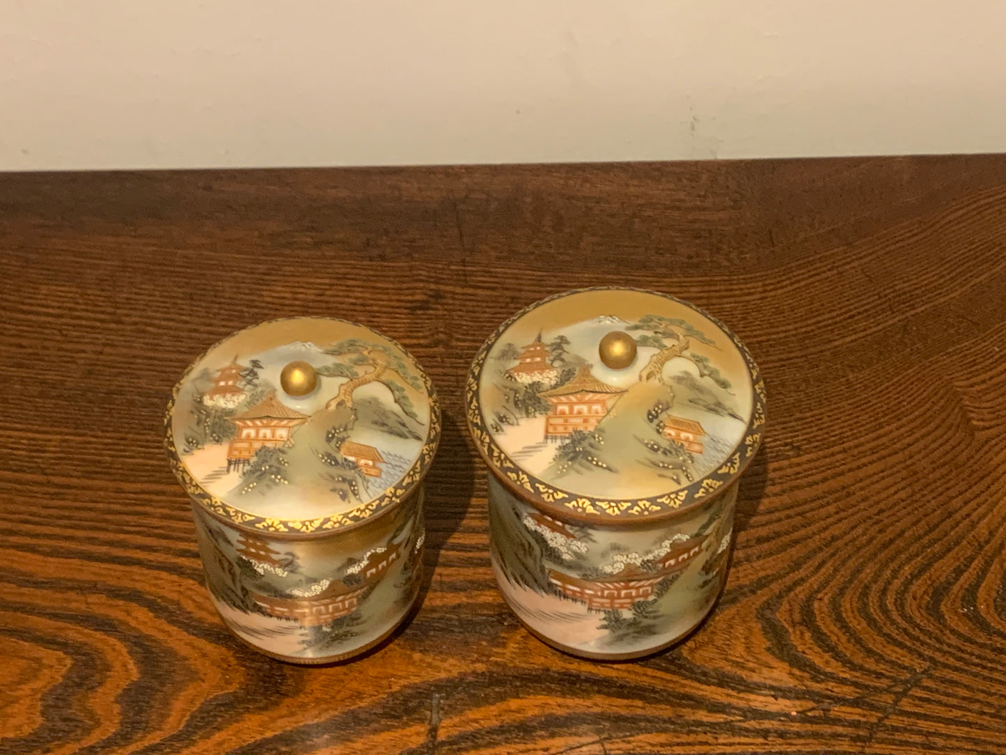 Antique Japanese Meji Period Satsuma Cups, Poetry & Calligraphy Inside, Wedding Marriage Lidded Tea Cups, Husband & Wife Ceremonial Cups.