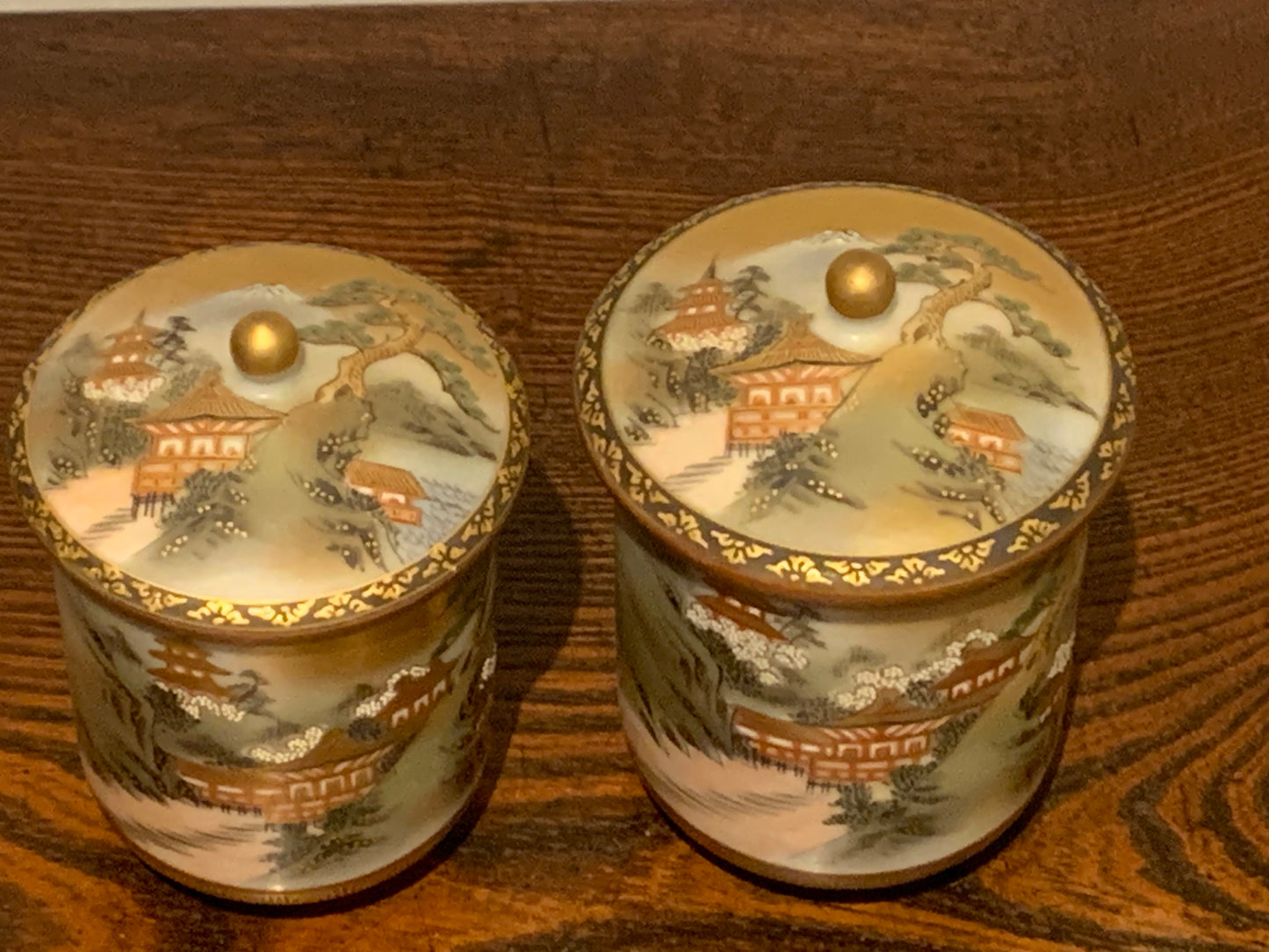 Antique Japanese Meji Period Satsuma Cups, Poetry & Calligraphy Inside, Wedding Marriage Lidded Tea Cups, Husband & Wife Ceremonial Cups.