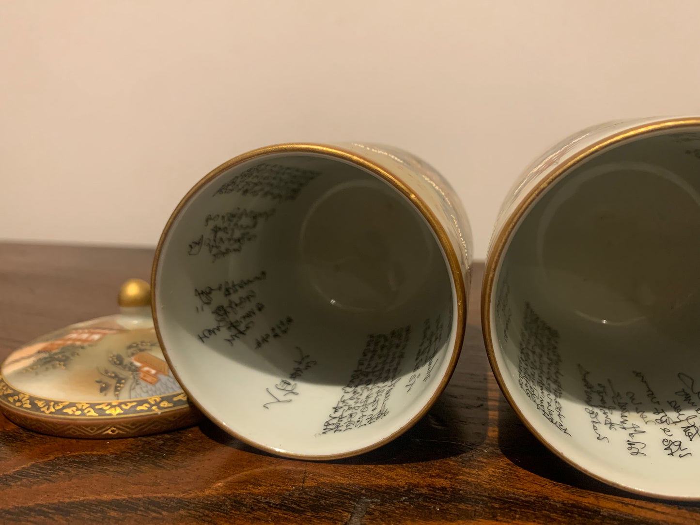 Antique Japanese Meji Period Satsuma Cups, Poetry & Calligraphy Inside, Wedding Marriage Lidded Tea Cups, Husband & Wife Ceremonial Cups.