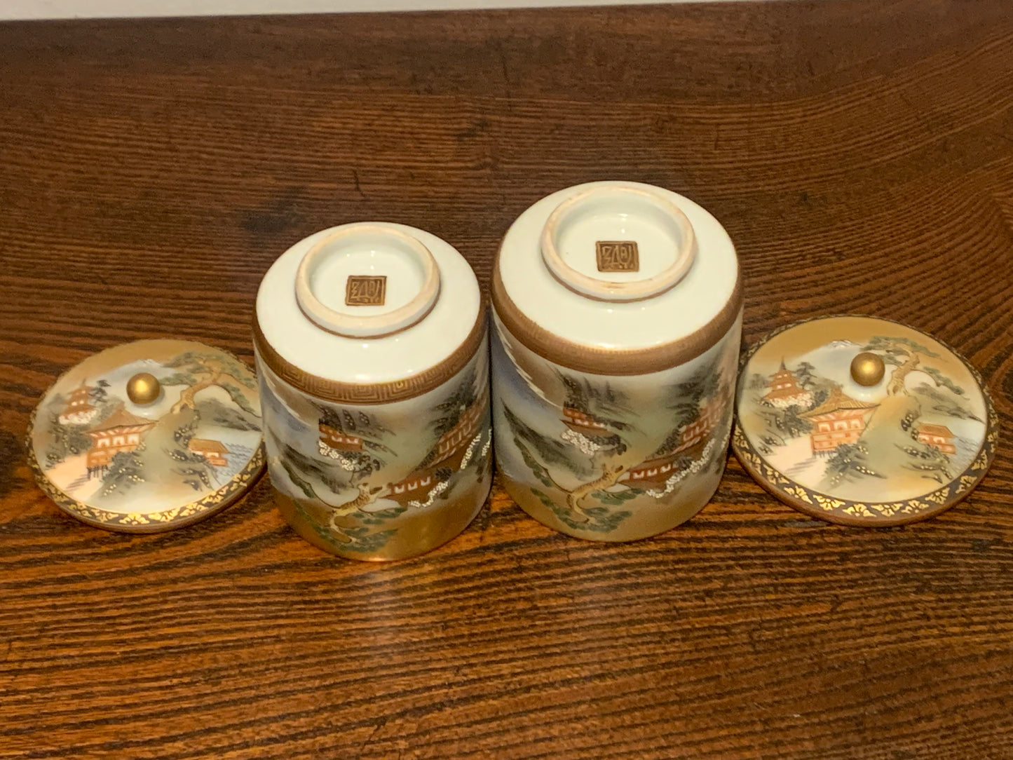 Antique Japanese Meji Period Satsuma Cups, Poetry & Calligraphy Inside, Wedding Marriage Lidded Tea Cups, Husband & Wife Ceremonial Cups.