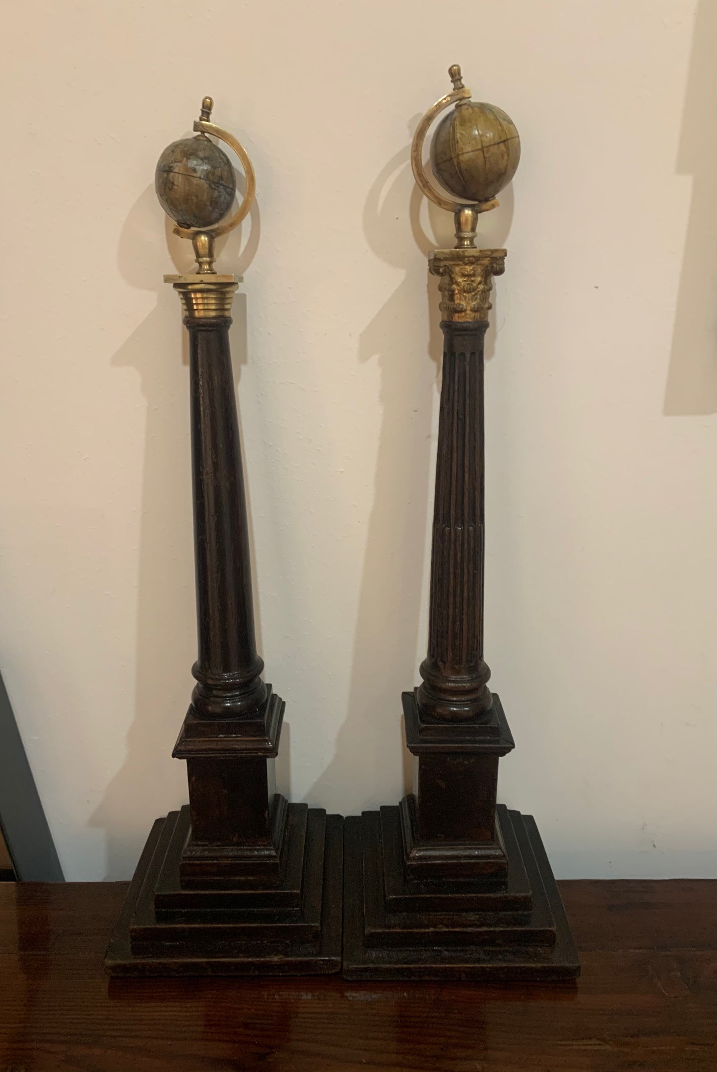Antique Edwardian (1901-1910) Pair of Masonic Globes on Columns.