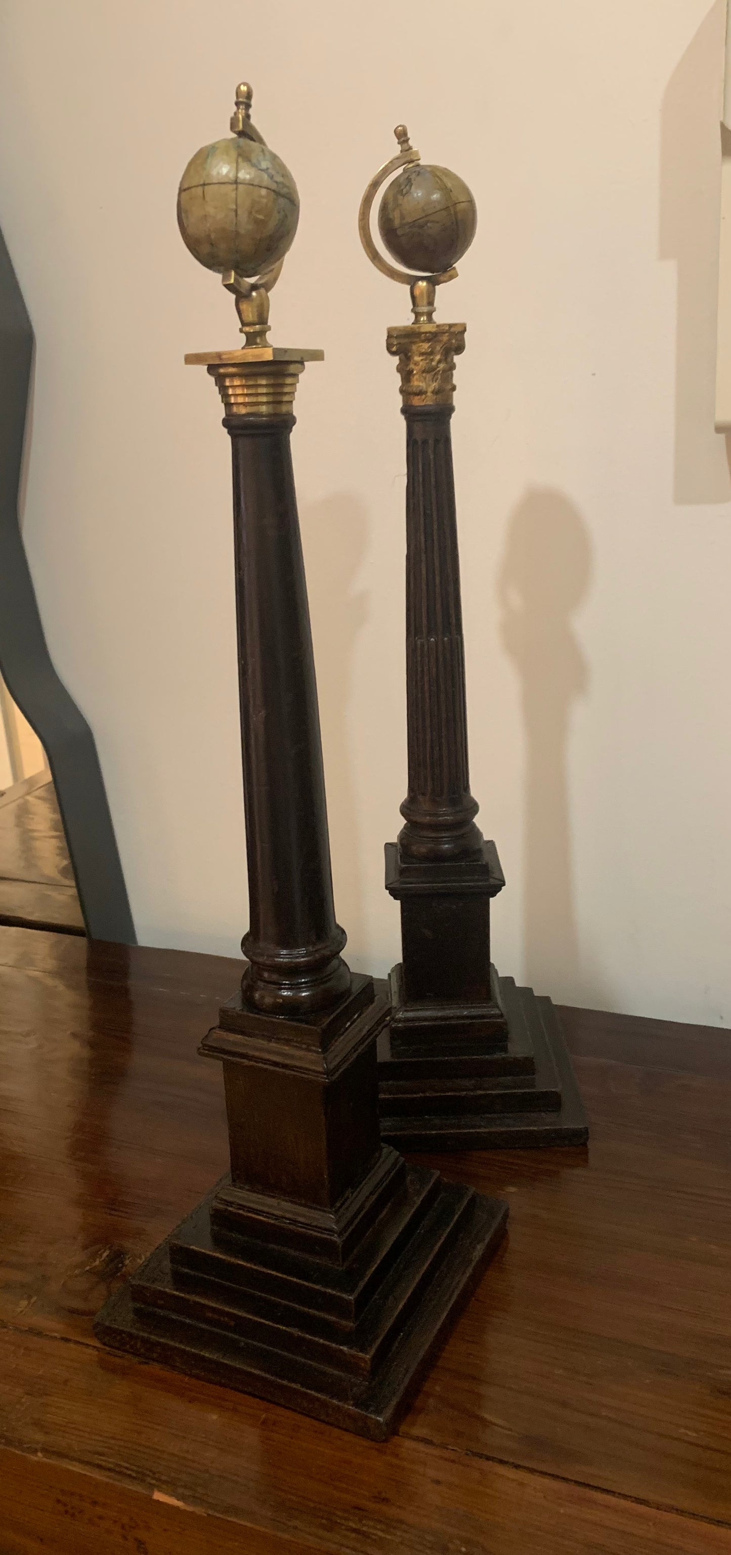 Antique Edwardian (1901-1910) Pair of Masonic Globes on Columns.