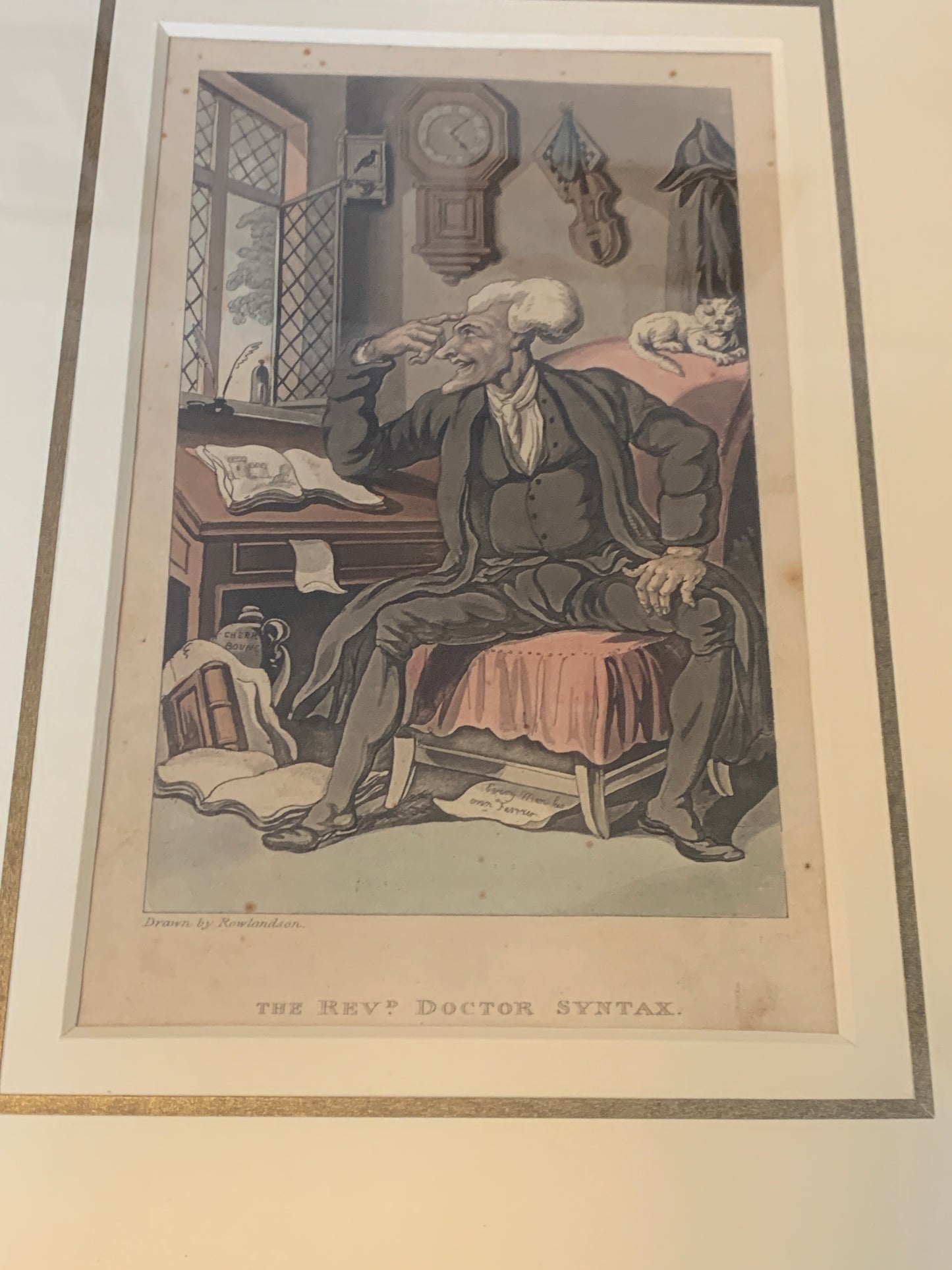 Antique Georgian 1819 Aquatint of Rev Doctor Syntax by Thomas Rowlandson, Mounted & Framed.
