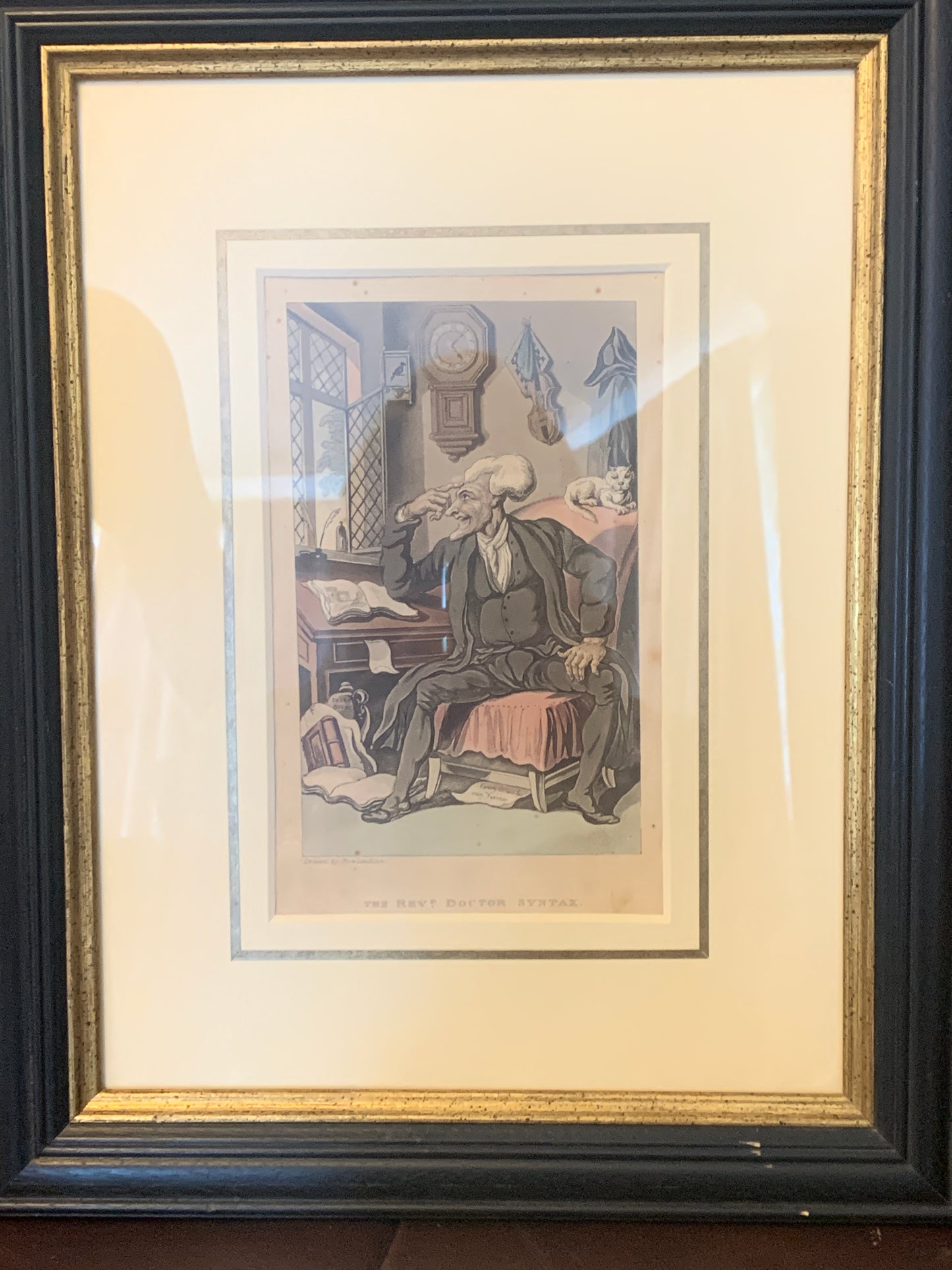 Antique Georgian 1819 Aquatint of Rev Doctor Syntax by Thomas Rowlandson, Mounted & Framed.