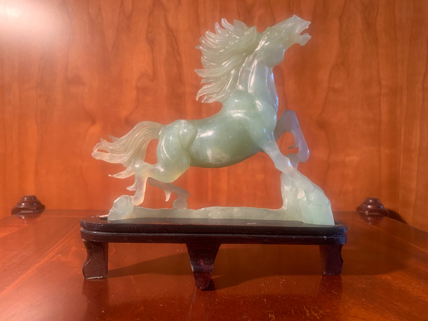 Gorgeous Vintage Chinese Carved New Jade / Bowenite Wild Horse on Wooden Stand