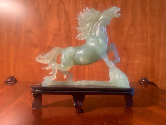 Gorgeous Vintage Chinese Carved New Jade / Bowenite Wild Horse on Wooden Stand