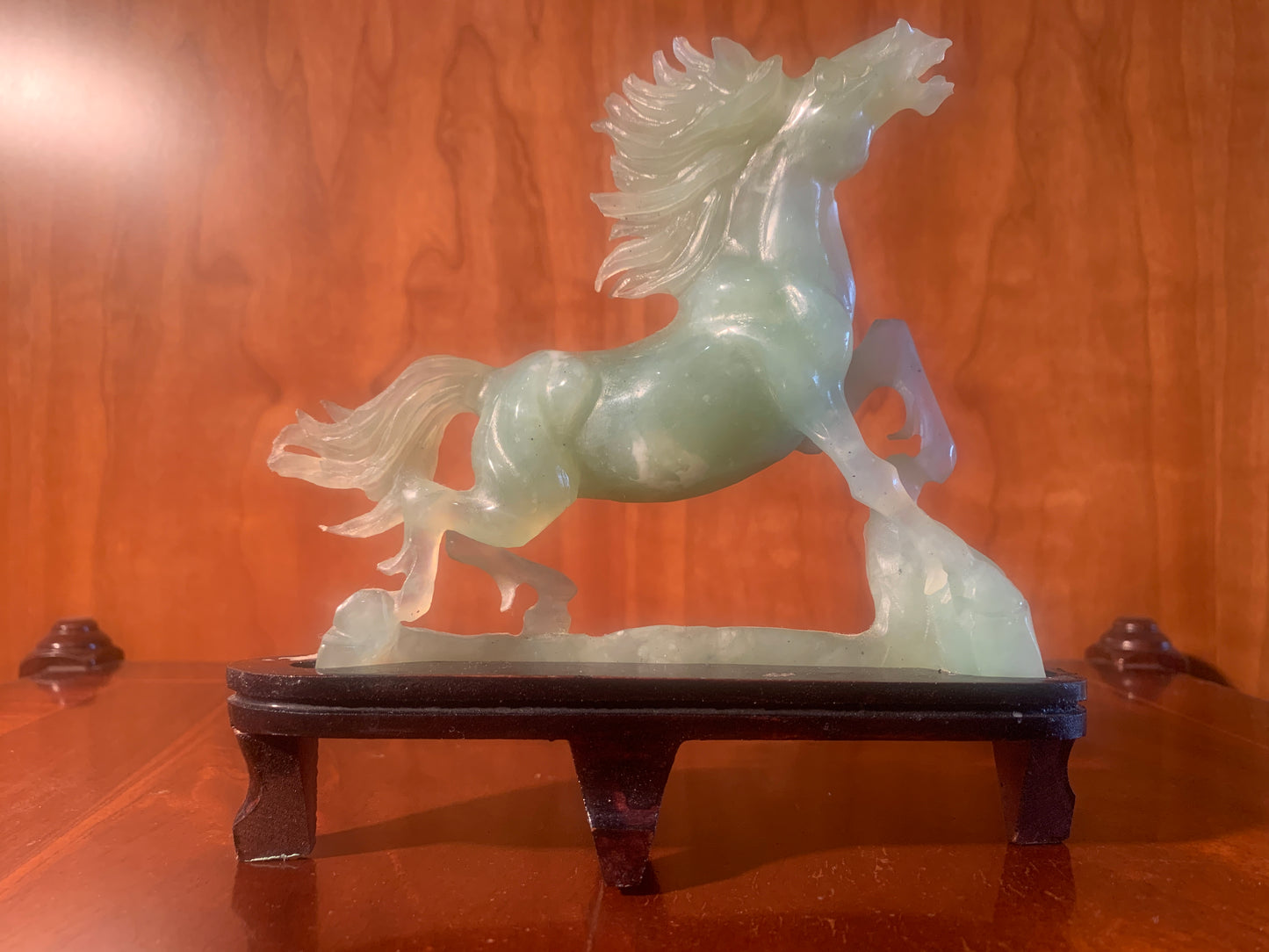 Gorgeous Vintage Chinese Carved New Jade / Bowenite Wild Horse on Wooden Stand