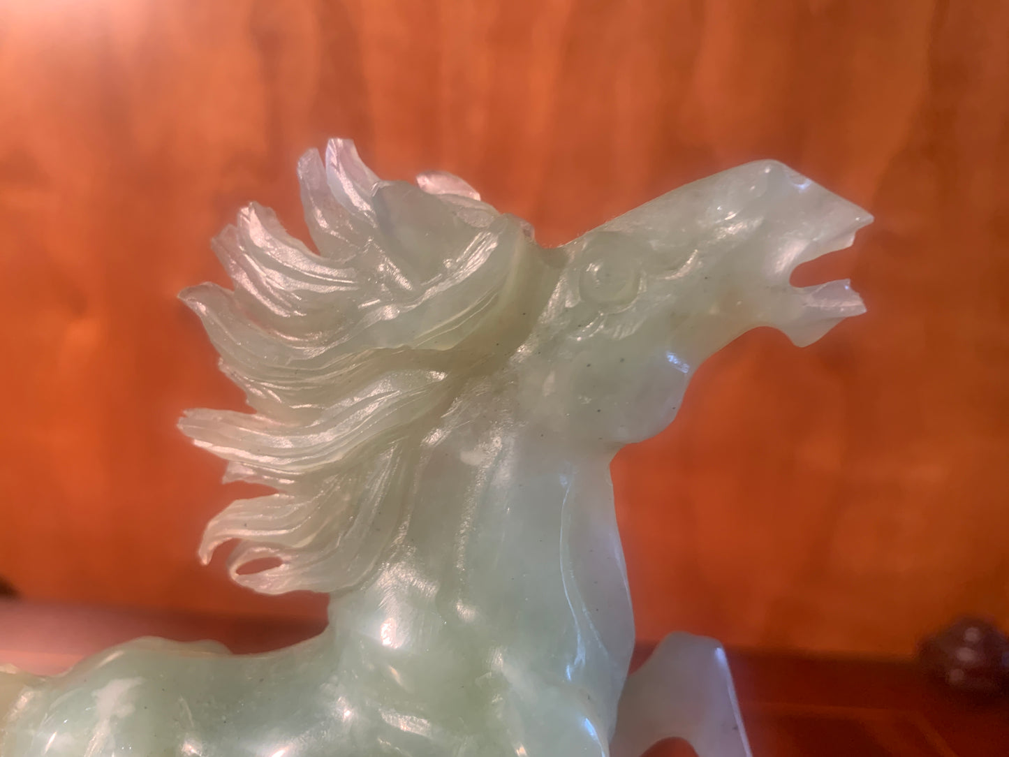 Gorgeous Vintage Chinese Carved New Jade / Bowenite Wild Horse on Wooden Stand