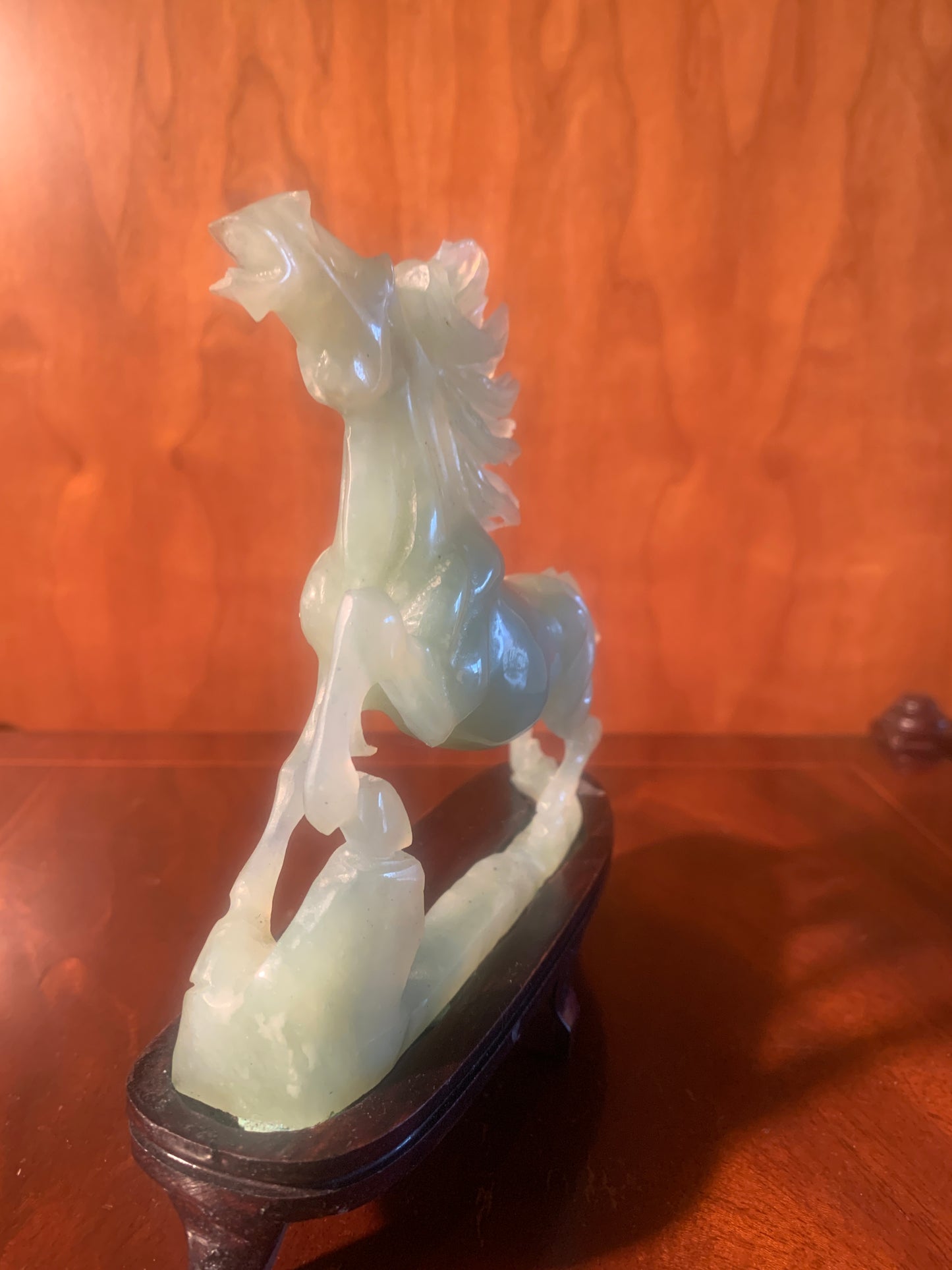 Gorgeous Vintage Chinese Carved New Jade / Bowenite Wild Horse on Wooden Stand