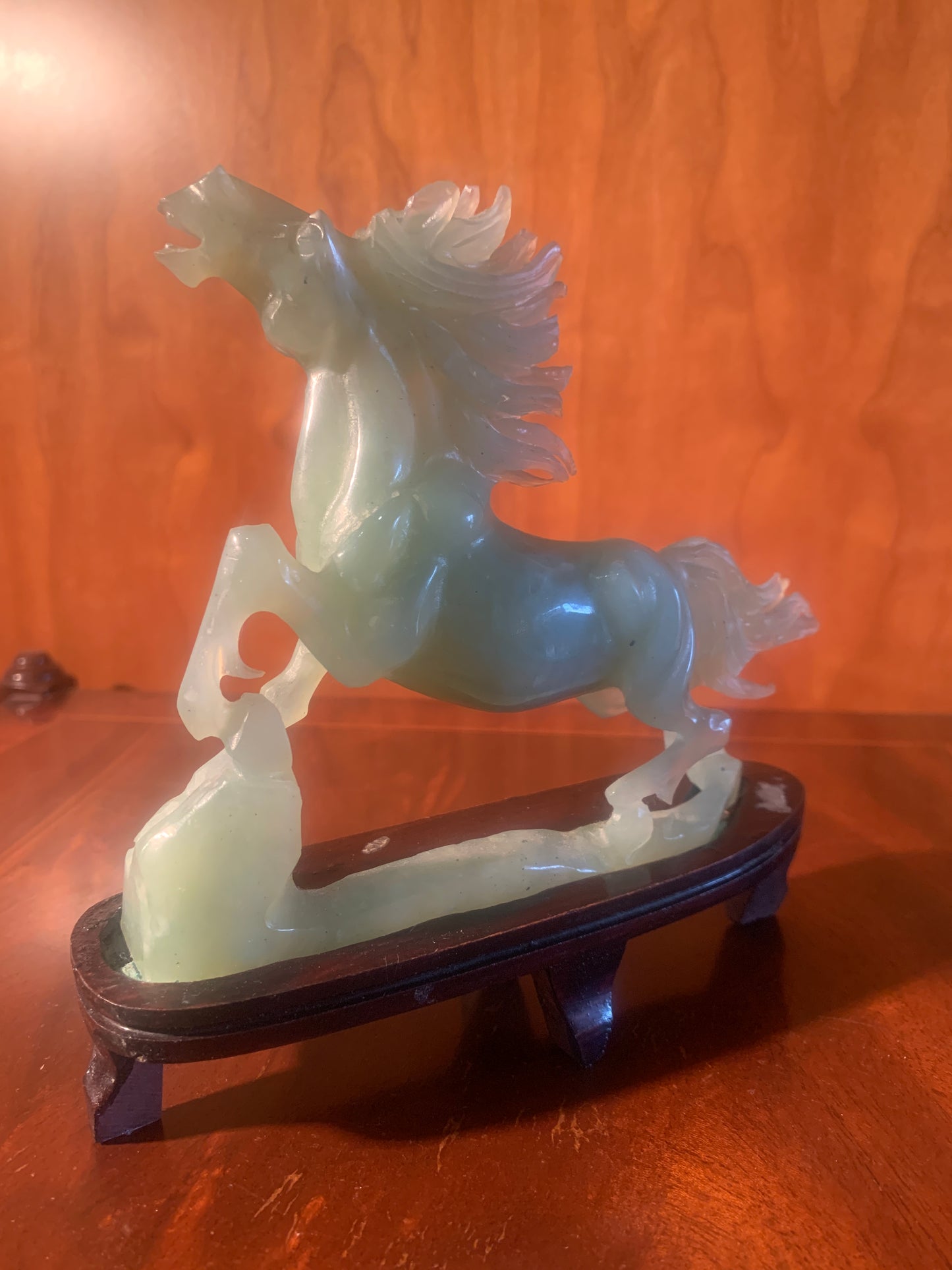 Gorgeous Vintage Chinese Carved New Jade / Bowenite Wild Horse on Wooden Stand