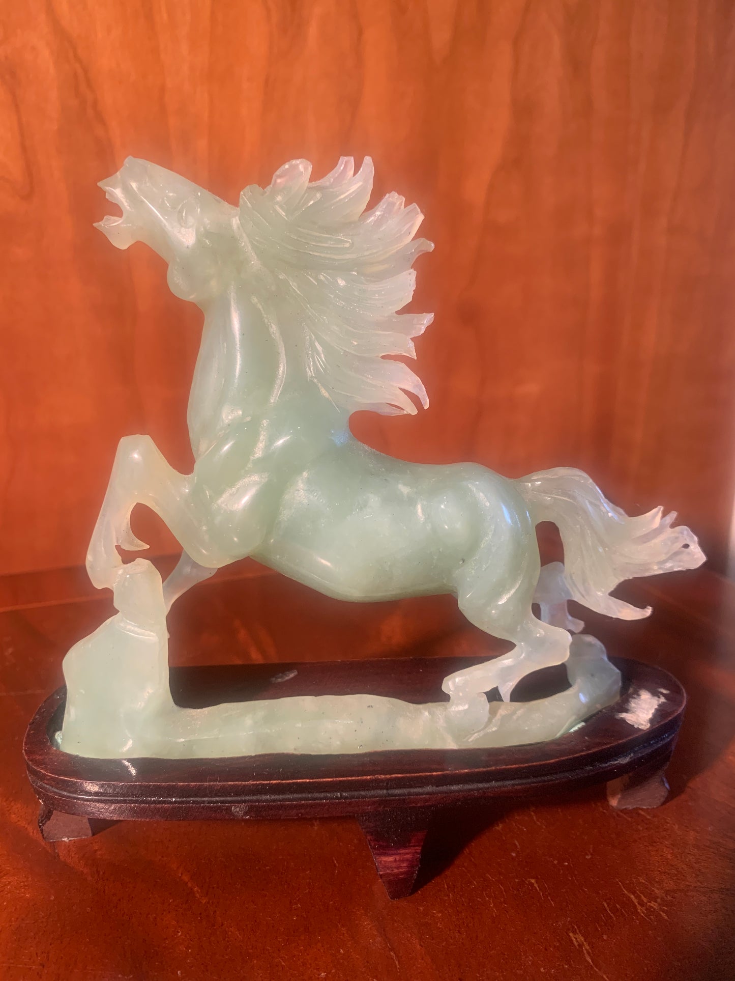 Gorgeous Vintage Chinese Carved New Jade / Bowenite Wild Horse on Wooden Stand