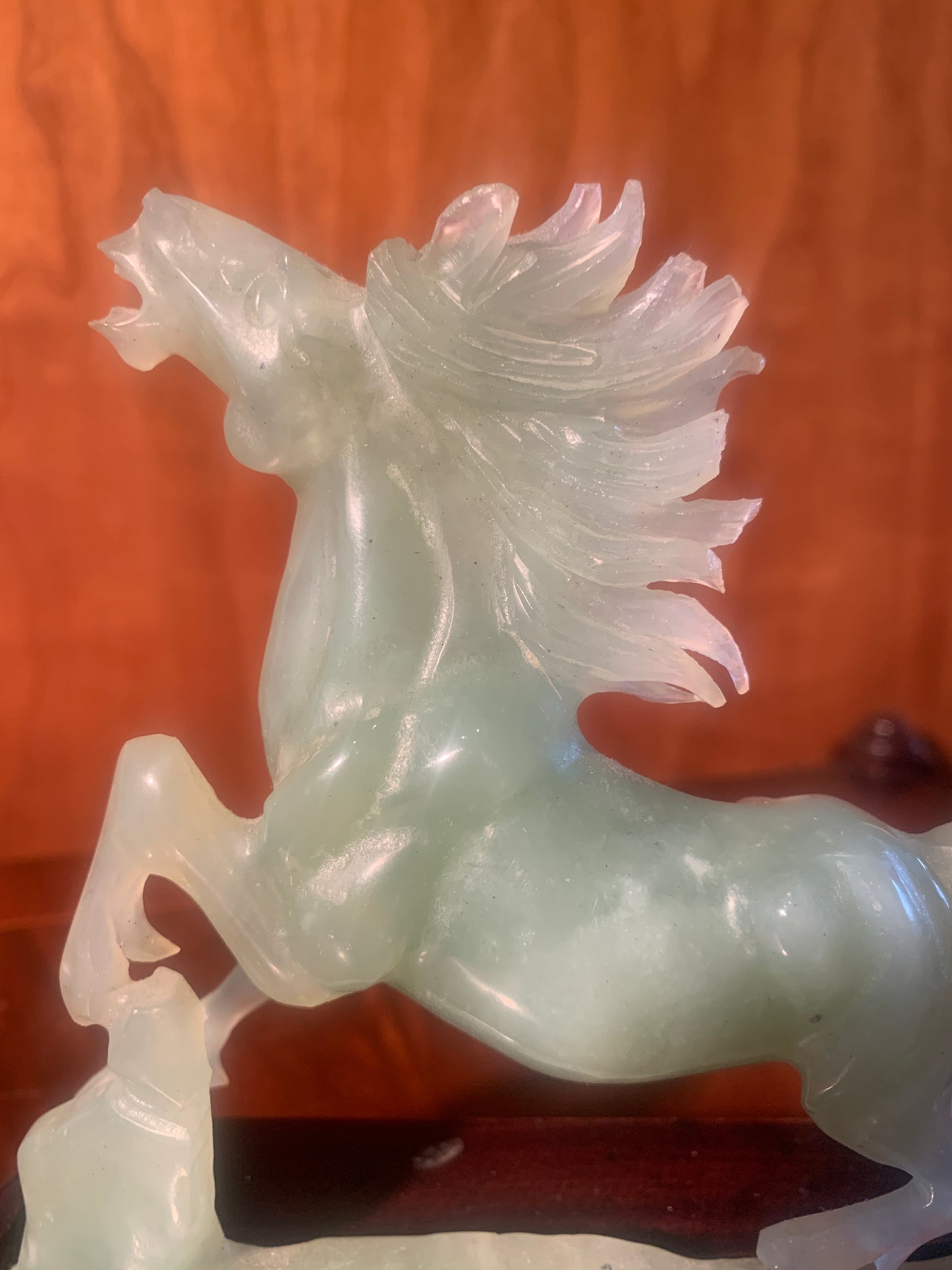 Gorgeous Vintage Chinese Carved New Jade / Bowenite Wild Horse on Wooden Stand