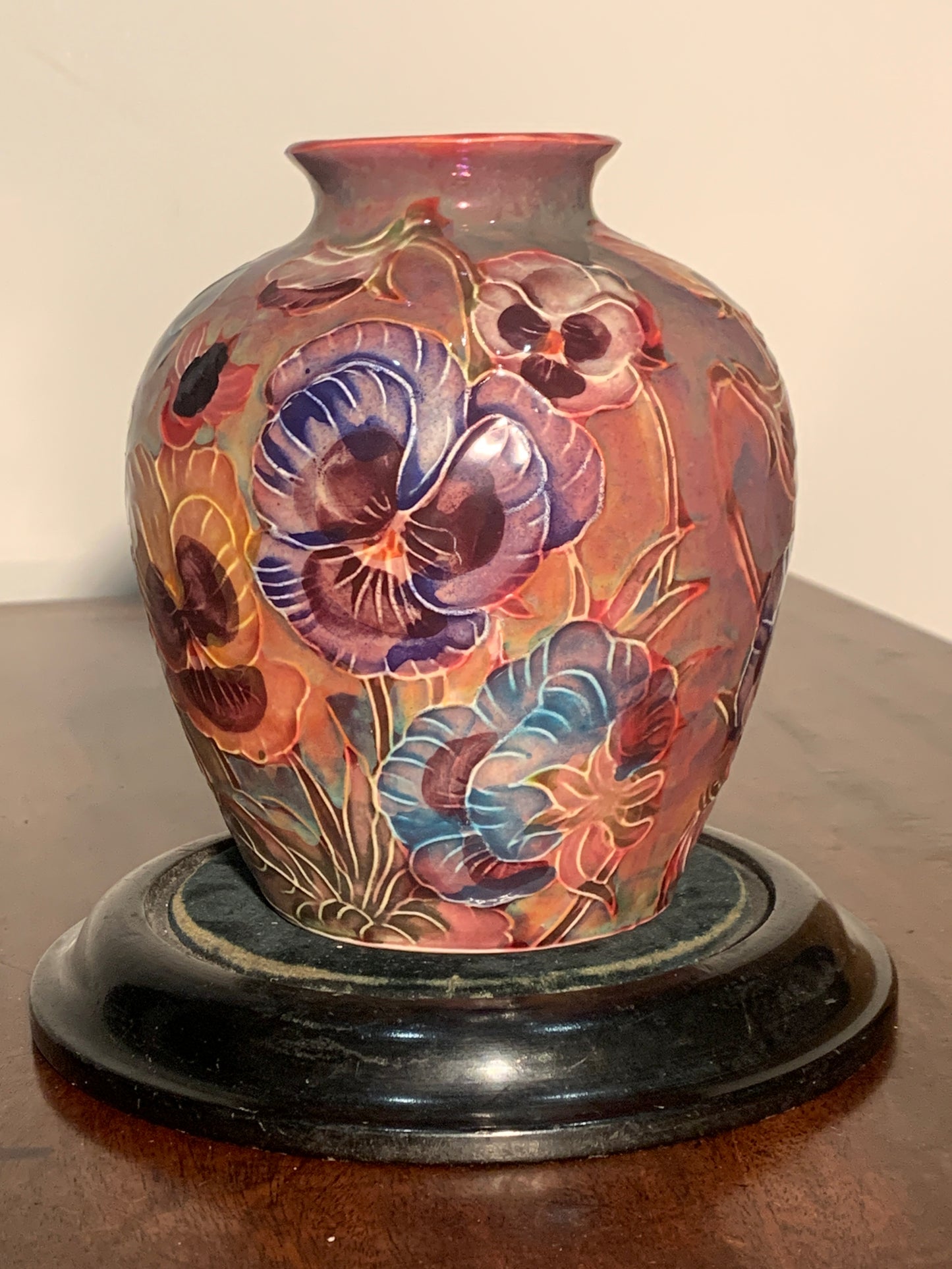 Beautiful Original Original Jonathan Cox Lustreware Vase 'Pansies'.
