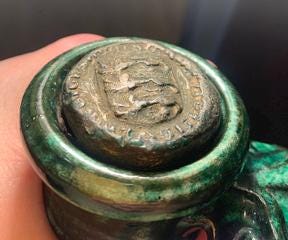 Antique Green Glazed Flagon with Seal Bearing Royal Coat of Arms of England Three Lions