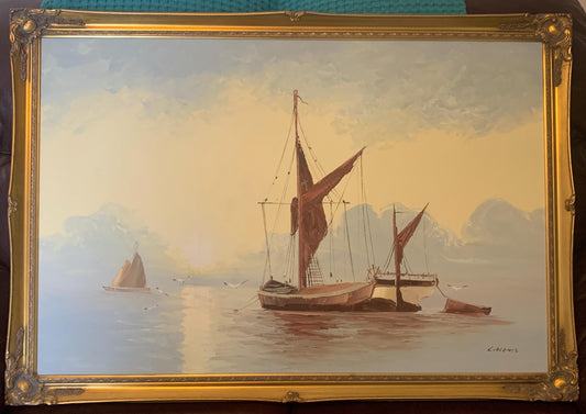 Signed & Framed Original Oil Painting - L.Alexis - Fishing Boat in Calm Waters