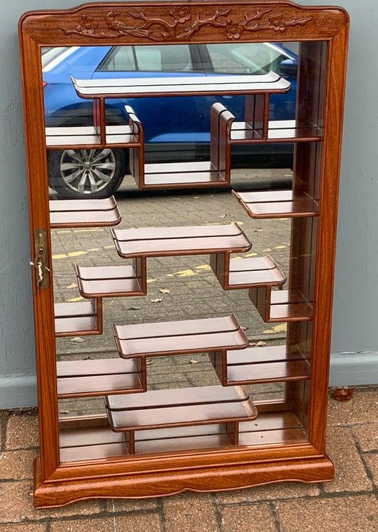 Oriental Hardwood 'Puzzle' Display Cabinet with Mirrored Back with Lock & Key.