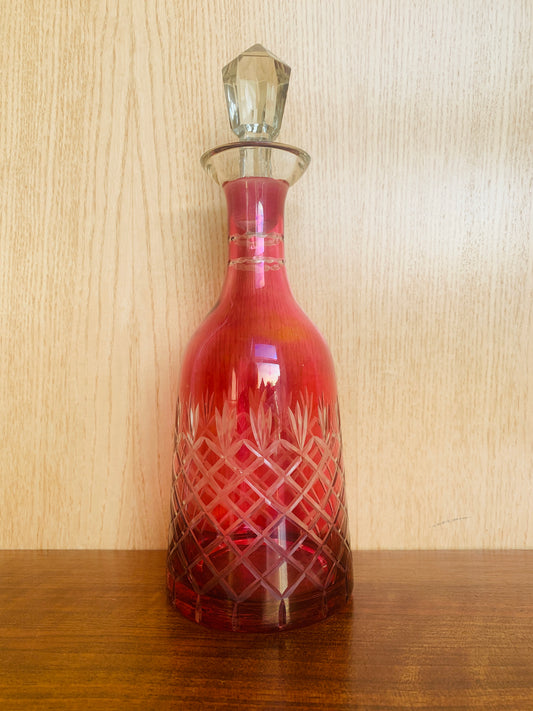 Vintage Cranberry Glass Decanter - Heavy Cut Crystal Diamond Design