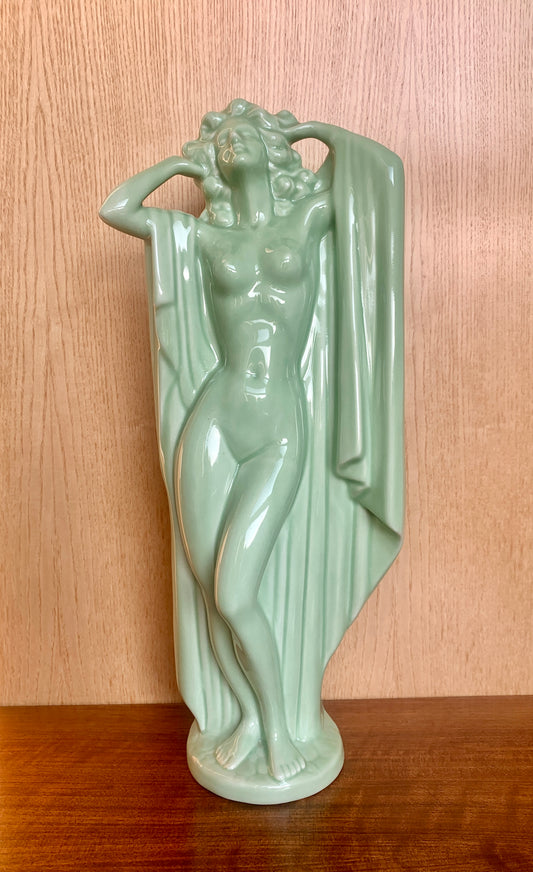 Striking Vintage Art Deco Nude Woman Ceramic Sculpture Figure (50cm) - Pale Celadon Green