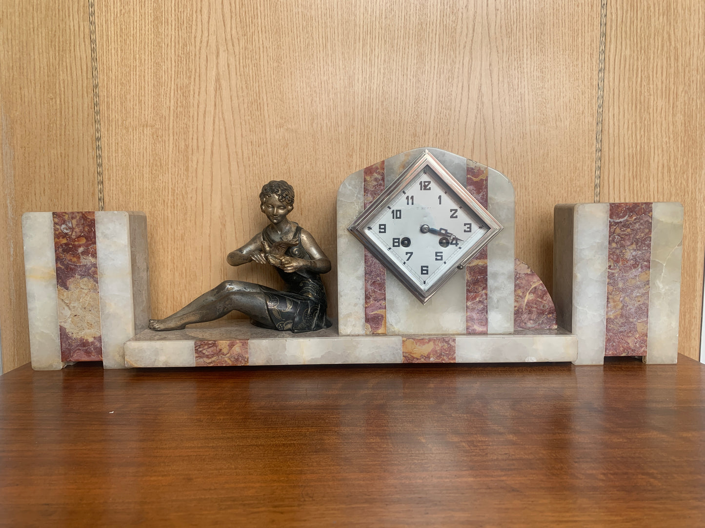 Art Deco Clock Garniture – Figural Spelter on Onyx Base (c. 1920s–1930s) – Working Clock & Key!