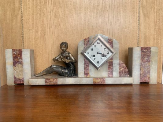 Art Deco Clock Garniture – Figural Spelter on Onyx Base (c. 1920s–1930s) – Working Clock & Key!
