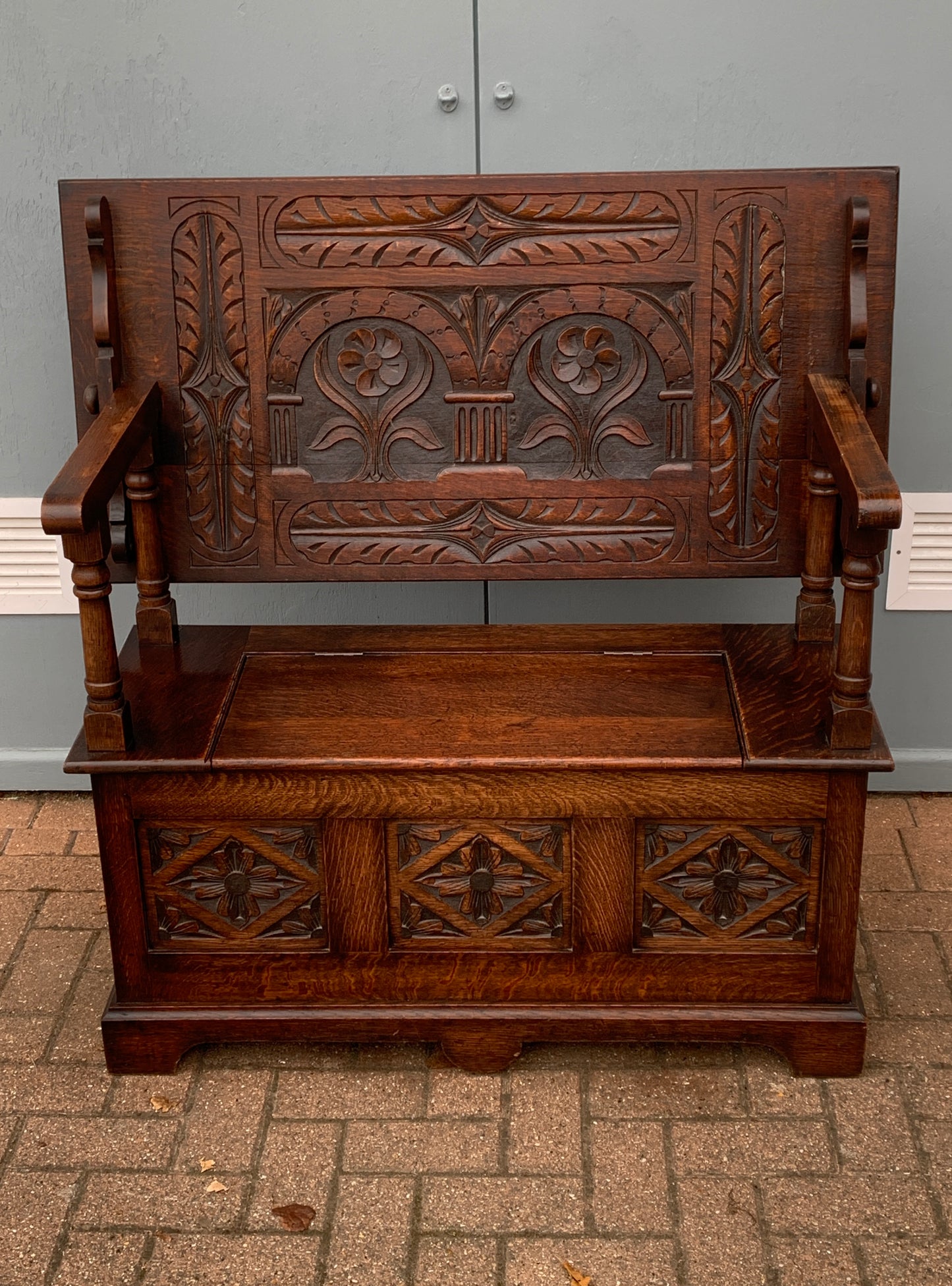 Victorian Solid Carved Oak Monks Bench, 1800's Settle