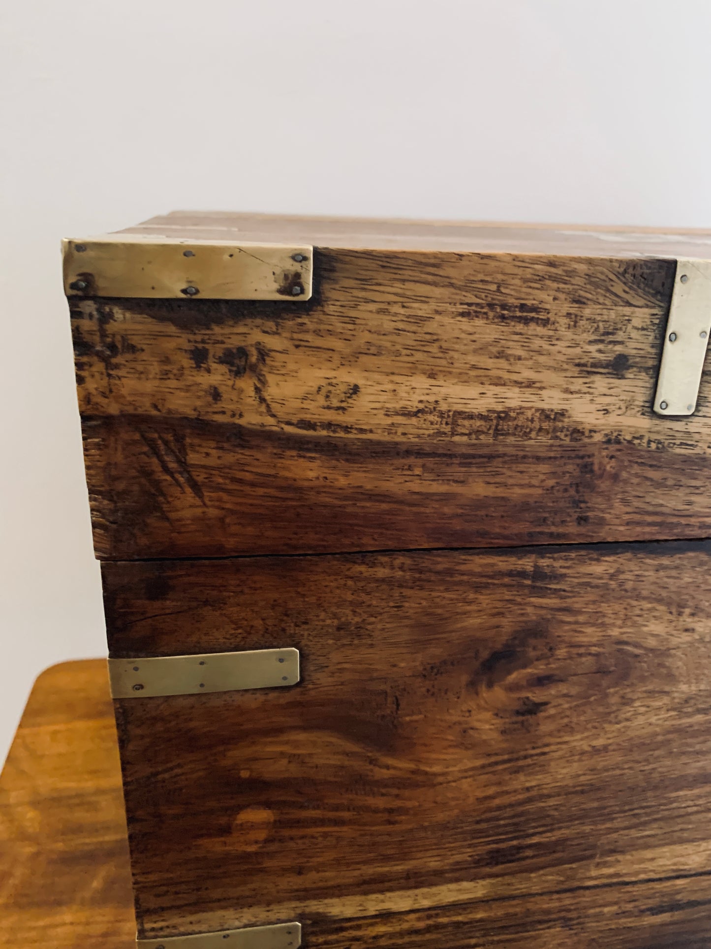 19th Victorian Brass Bound Teak Wood Campaign Chest, Liquor Box