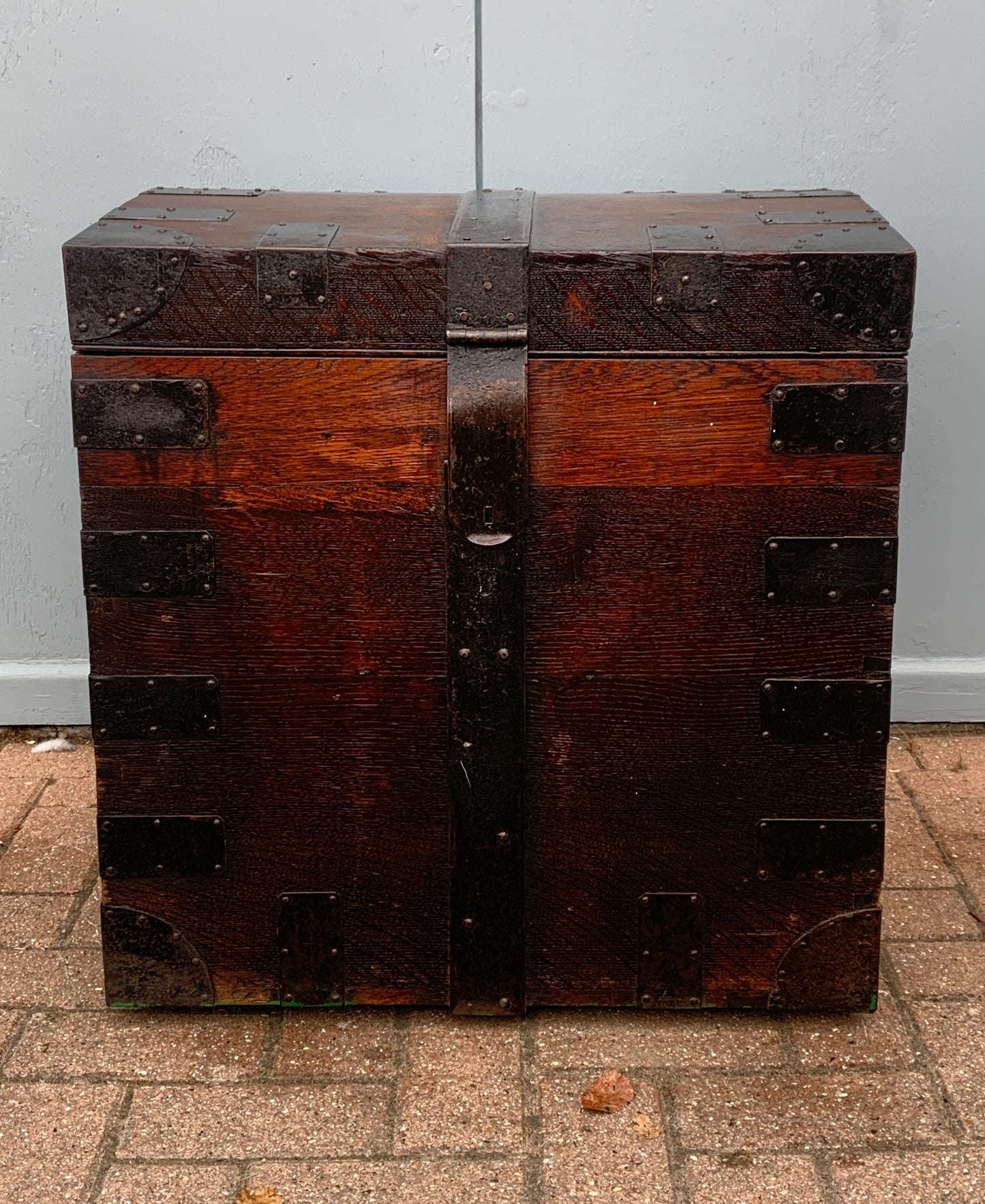Antique English, Oak and Bound Iron Storage Trunk, Silver Chest, Campaign Chest, c 1800's.