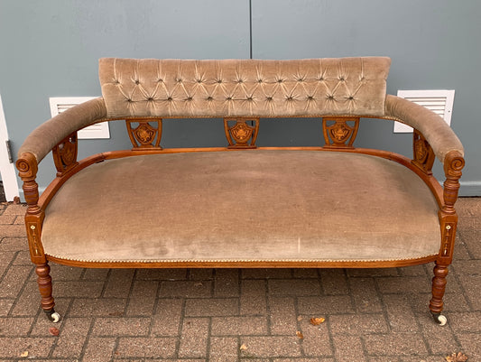 Victorian Walnut Parlour Two Seater Settee on Castors, Marquetry Inlay