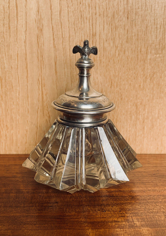 Antique Art Deco Crystal Inkwell with Ornate Silver-Plated Top and Eagle Finial
