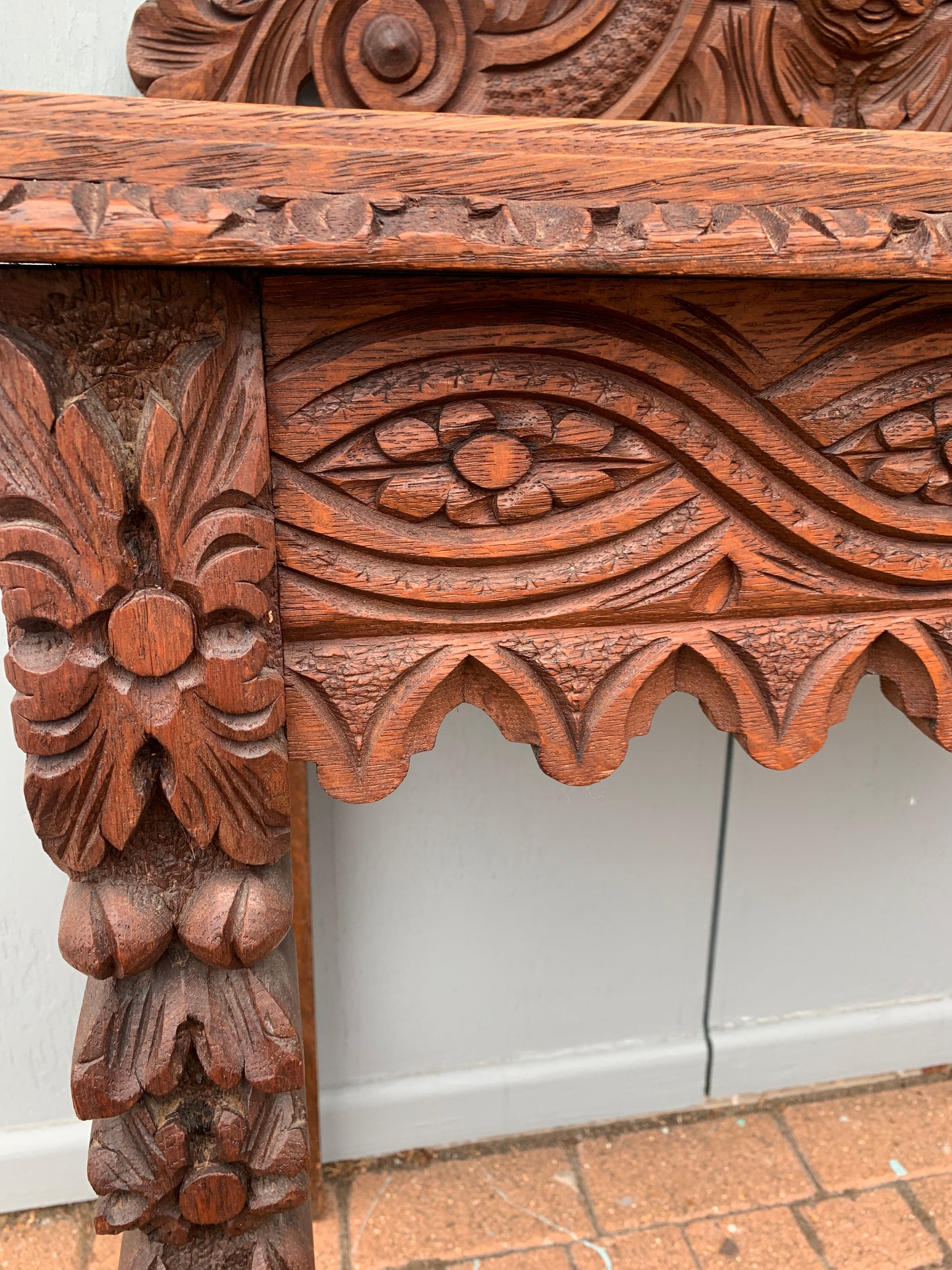 1860's Antique Victorian Carved Oak Console Hall Table with Green Man Motif