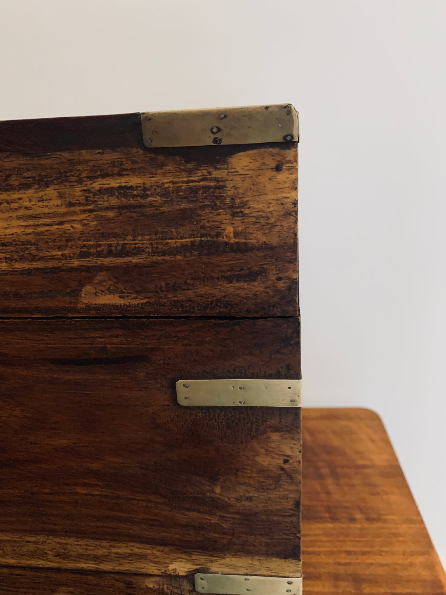 19th Victorian Brass Bound Teak Wood Campaign Chest, Liquor Box