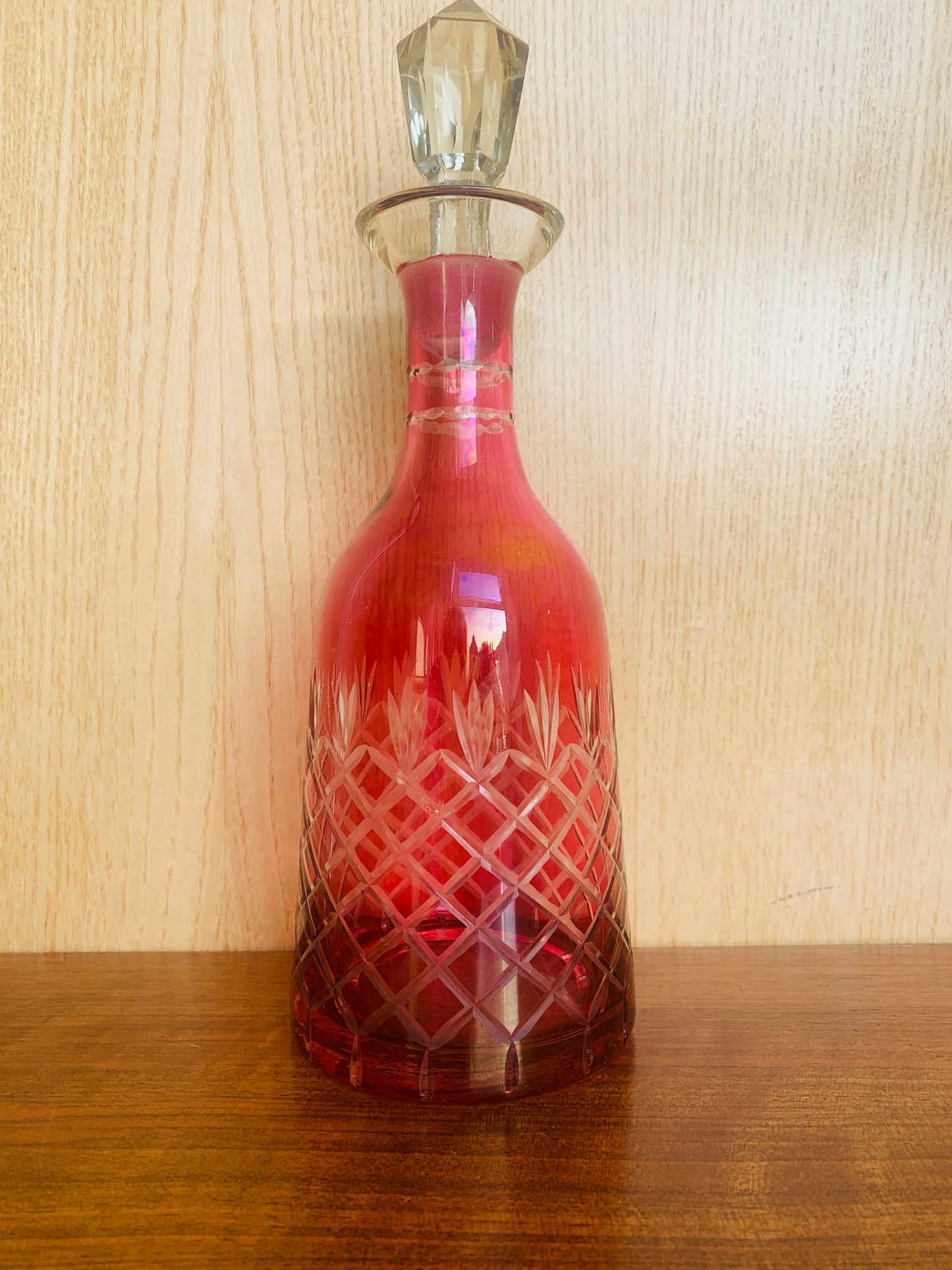Vintage Cranberry Glass Decanter - Heavy Cut Crystal Diamond Design