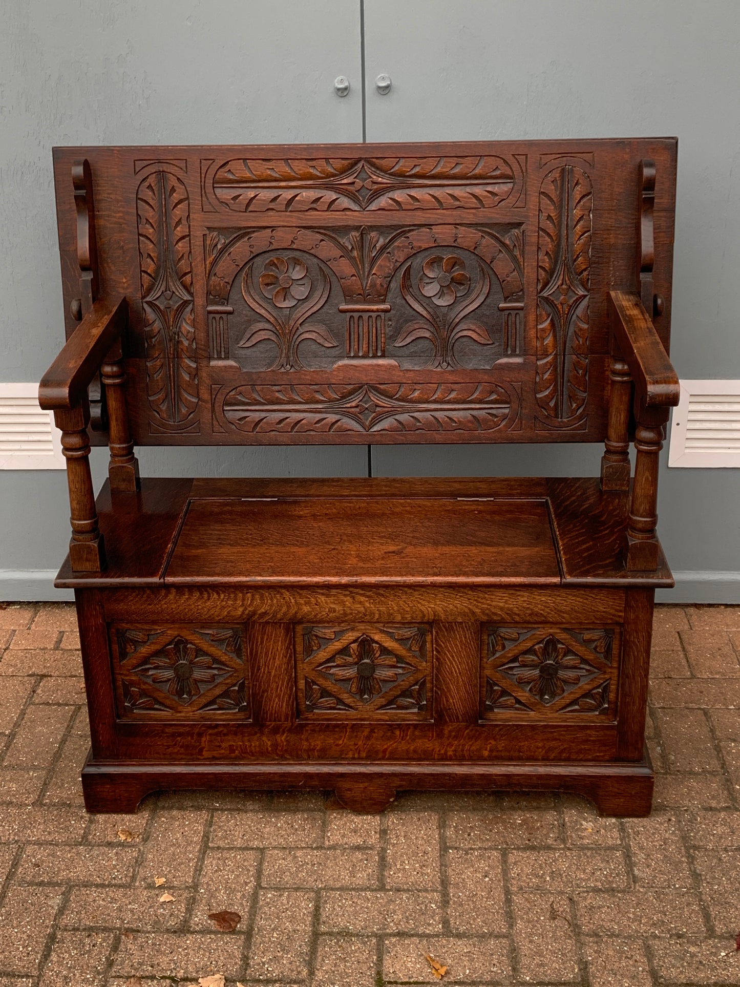 Victorian Solid Carved Oak Monks Bench, 1800's Settle
