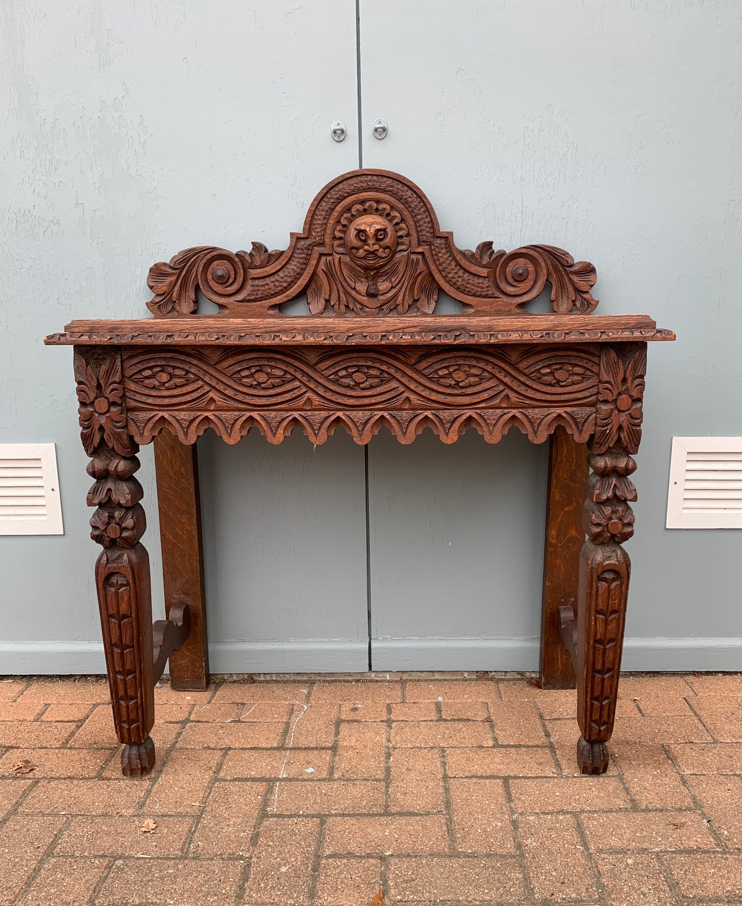 1860's Antique Victorian Carved Oak Console Hall Table with Green Man Motif