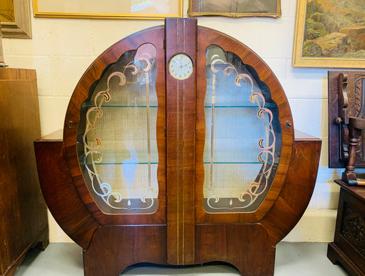 1930s Art Deco Cocktail Cabinet Curved Walnut Bar With Etched Glass & Integrated Smiths Clock