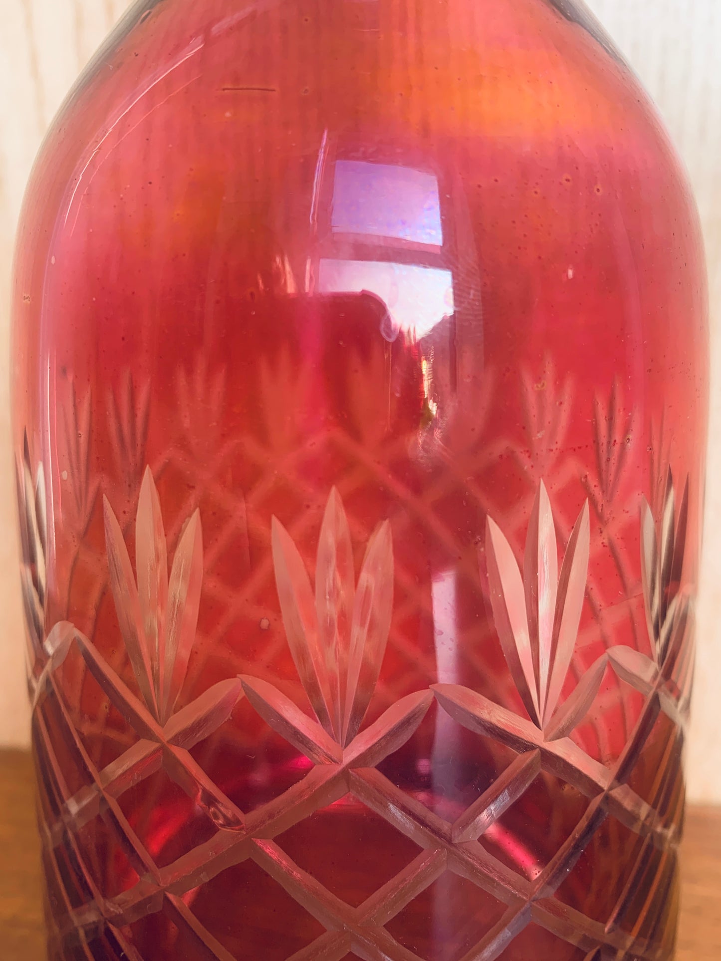 Vintage Cranberry Glass Decanter - Heavy Cut Crystal Diamond Design