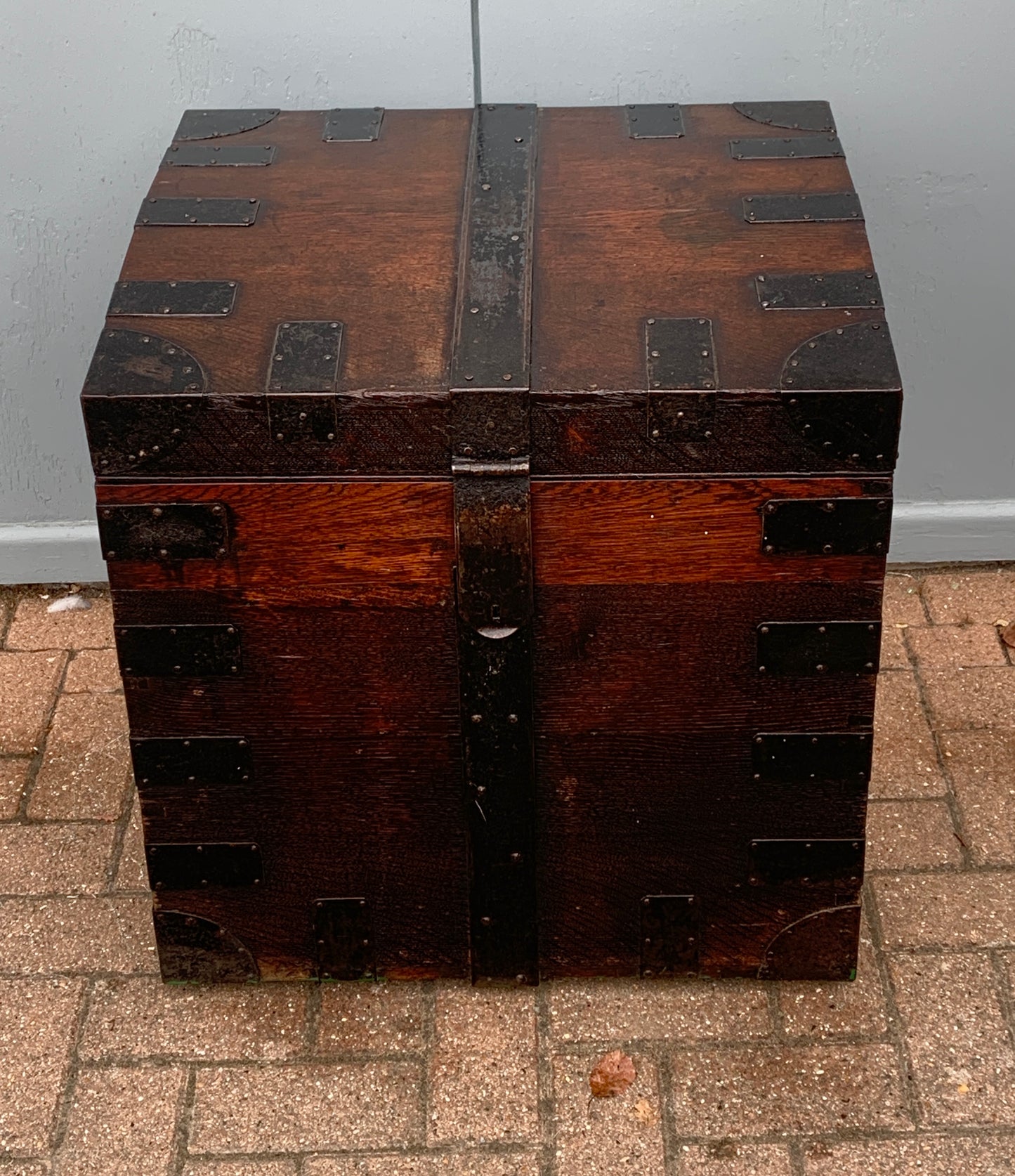 Antique English, Oak and Bound Iron Storage Trunk, Silver Chest, Campaign Chest, c 1800's.