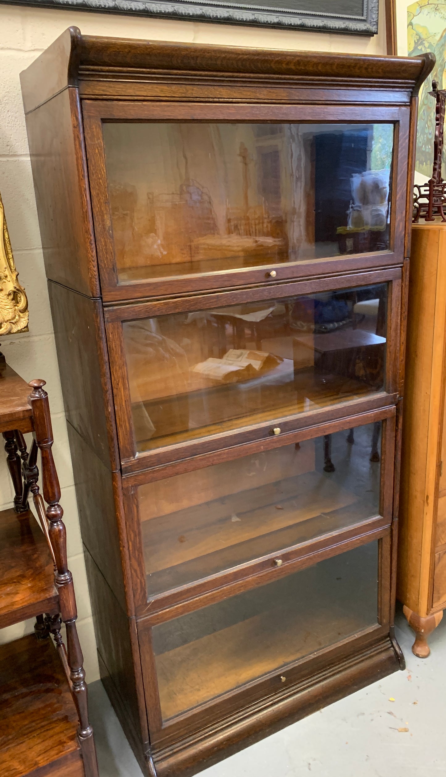 Antique Gunn, Four Stack Waterfall Oak Sectional Barristers Bookcases