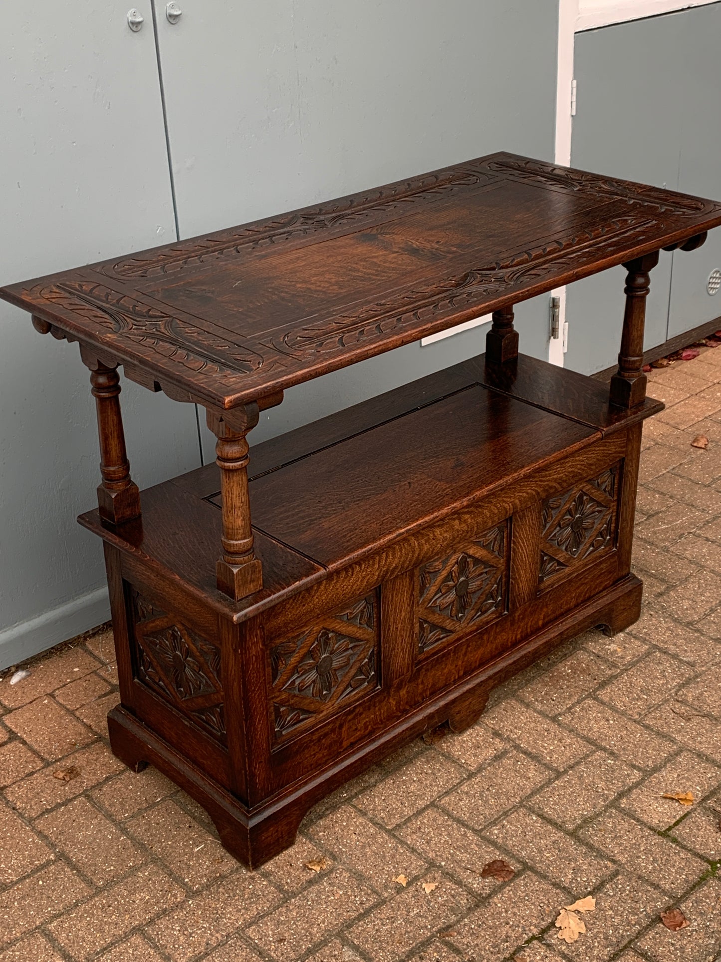 Victorian Solid Carved Oak Monks Bench, 1800's Settle