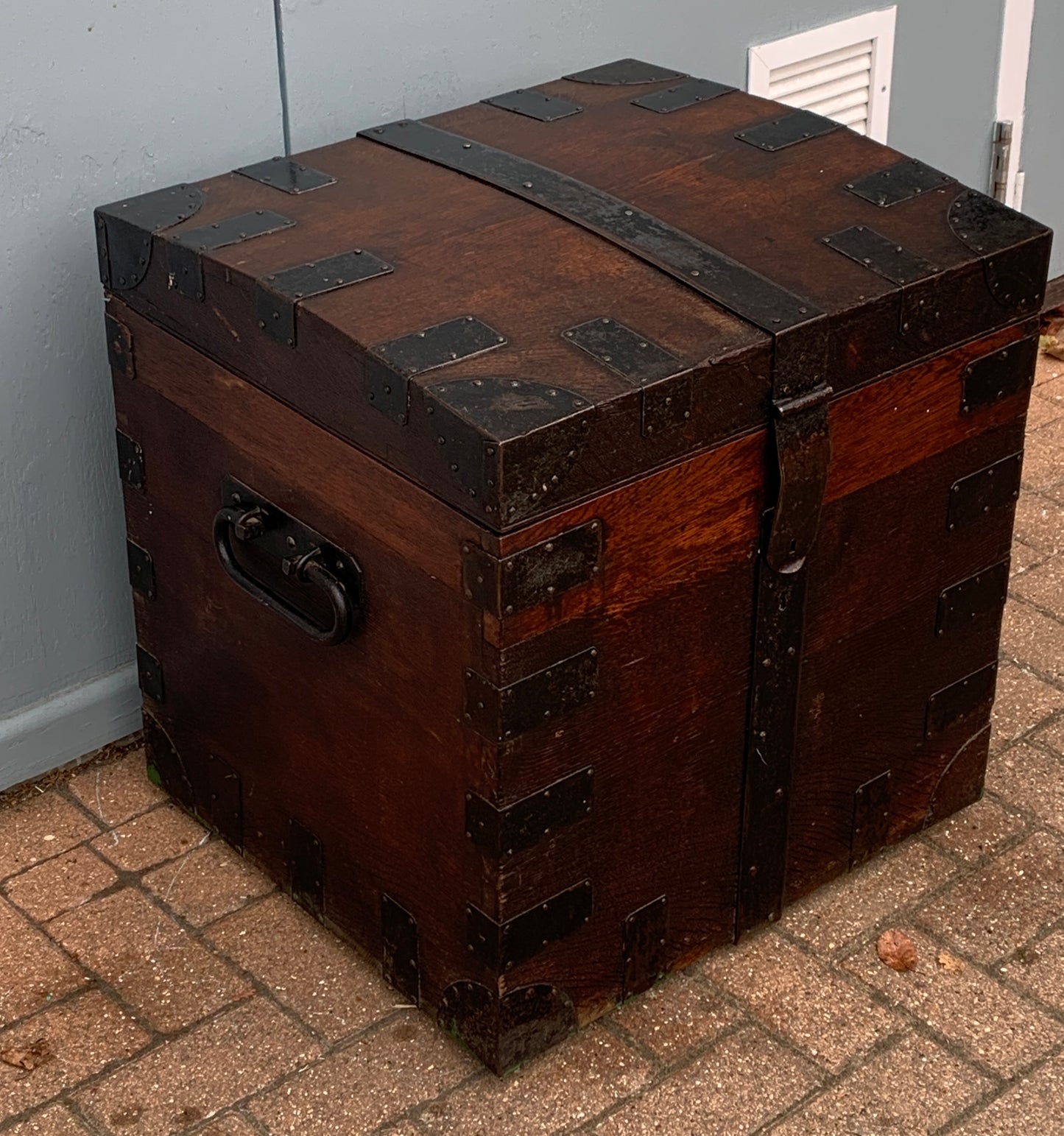 Antique English, Oak and Bound Iron Storage Trunk, Silver Chest, Campaign Chest, c 1800's.