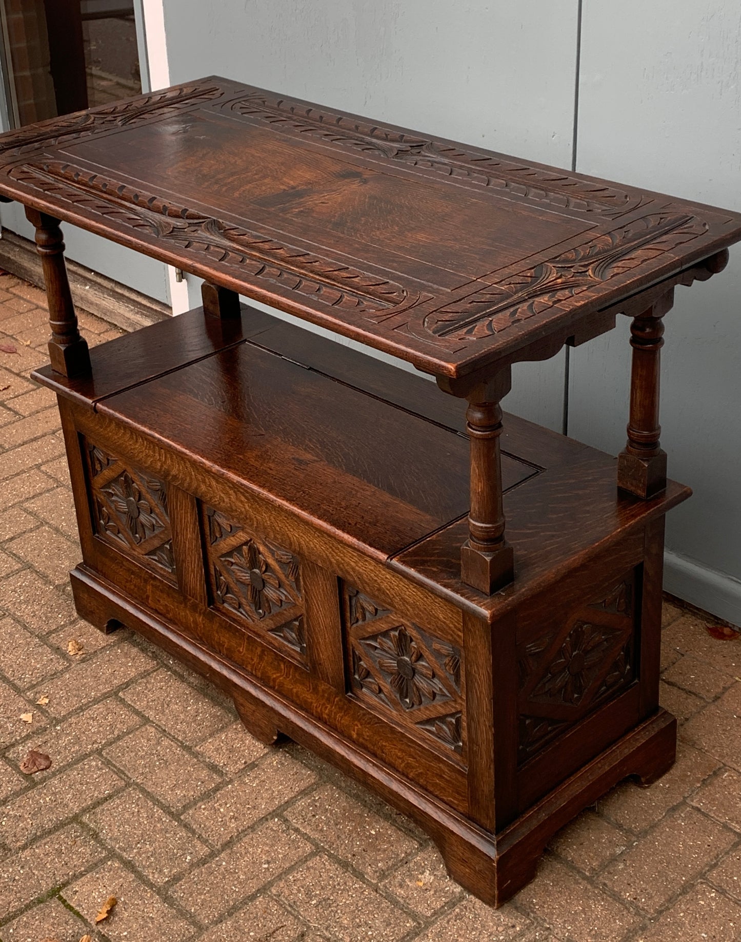 Victorian Solid Carved Oak Monks Bench, 1800's Settle