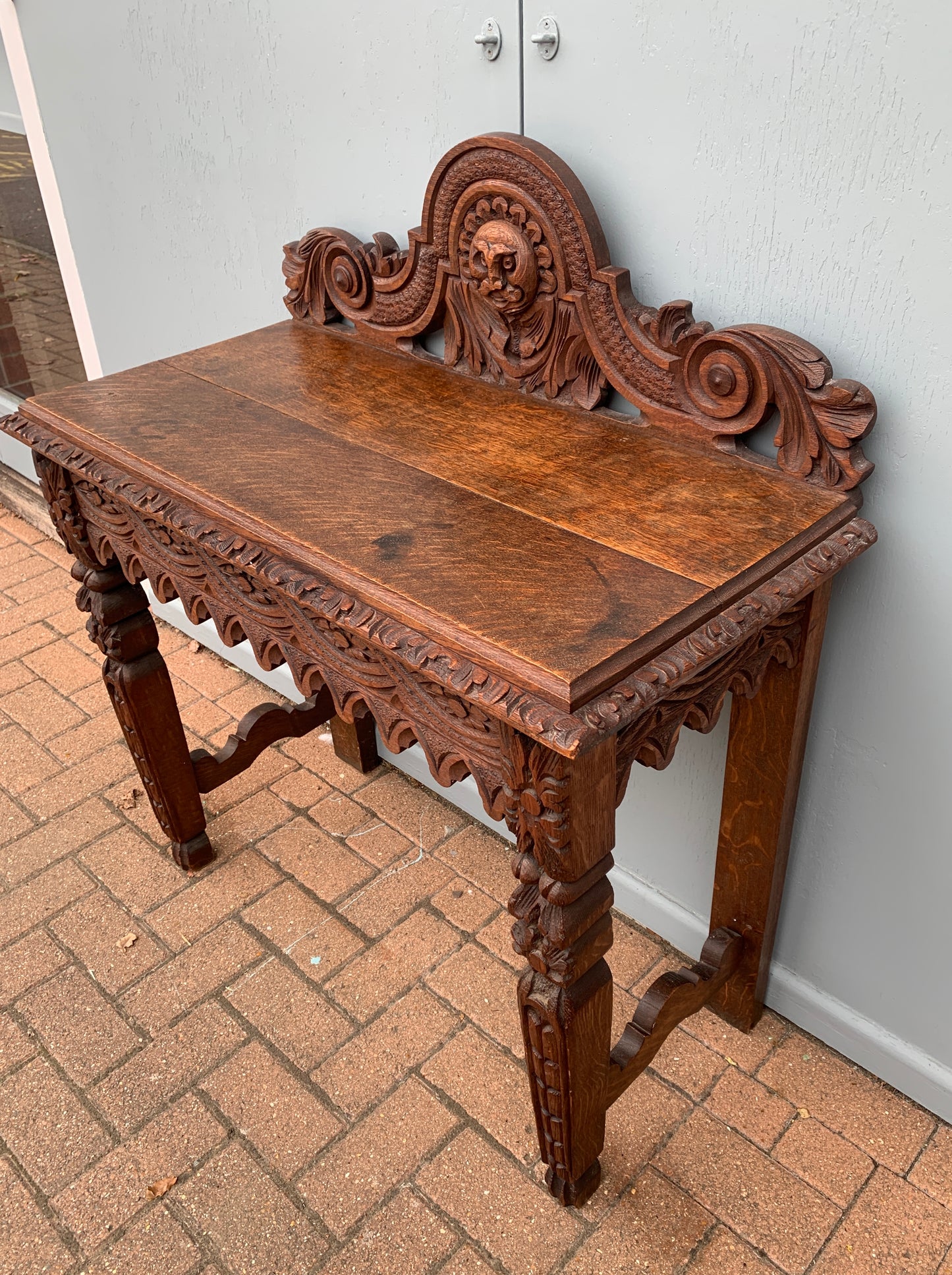 1860's Antique Victorian Carved Oak Console Hall Table with Green Man Motif
