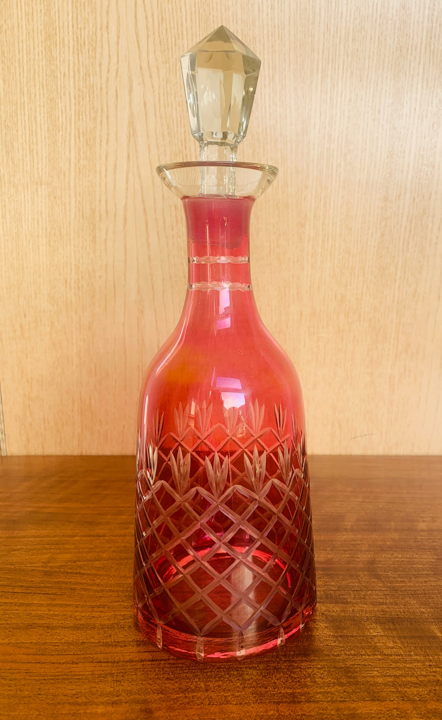 Vintage Cranberry Glass Decanter - Heavy Cut Crystal Diamond Design