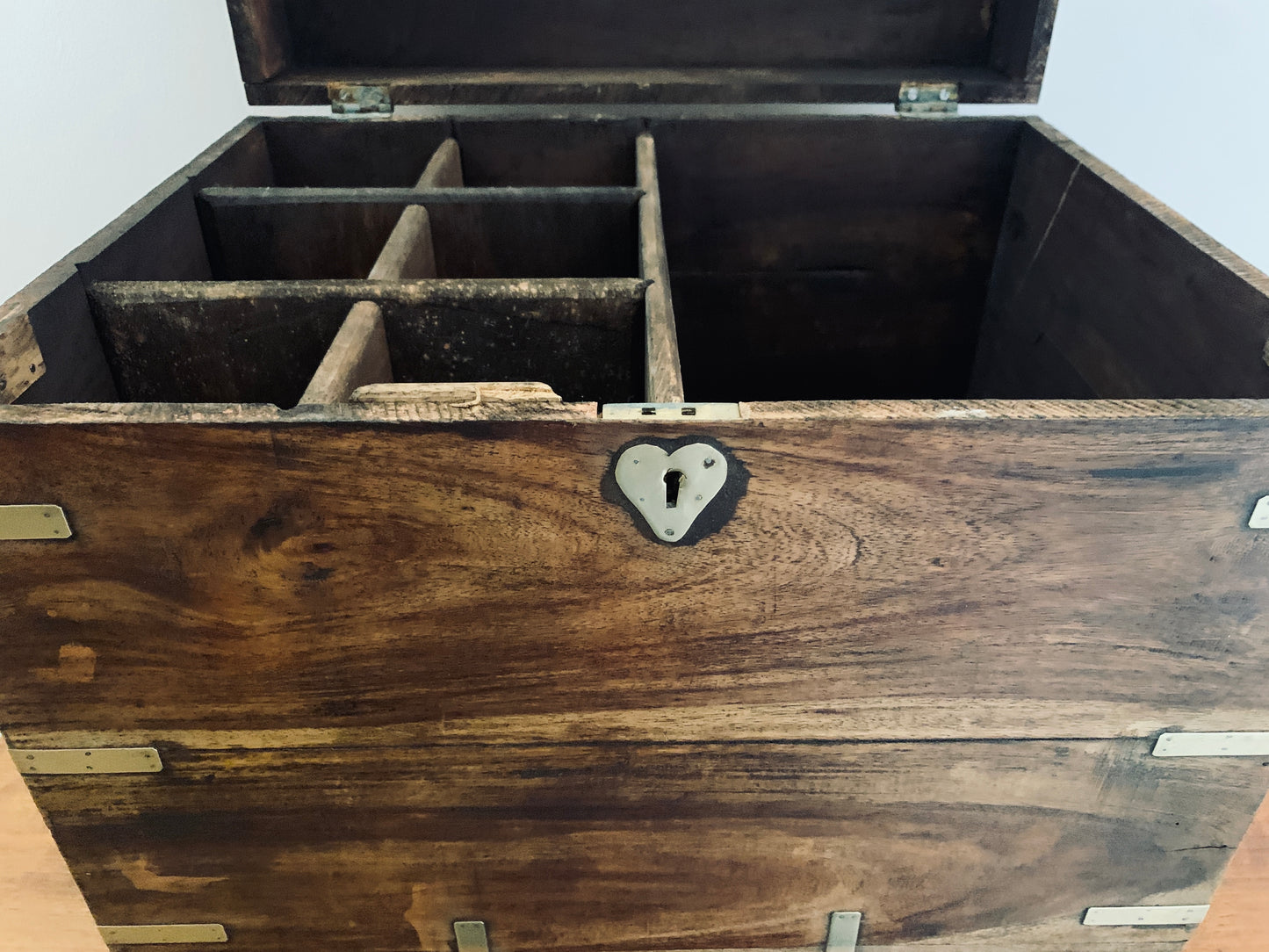 19th Victorian Brass Bound Teak Wood Campaign Chest, Liquor Box
