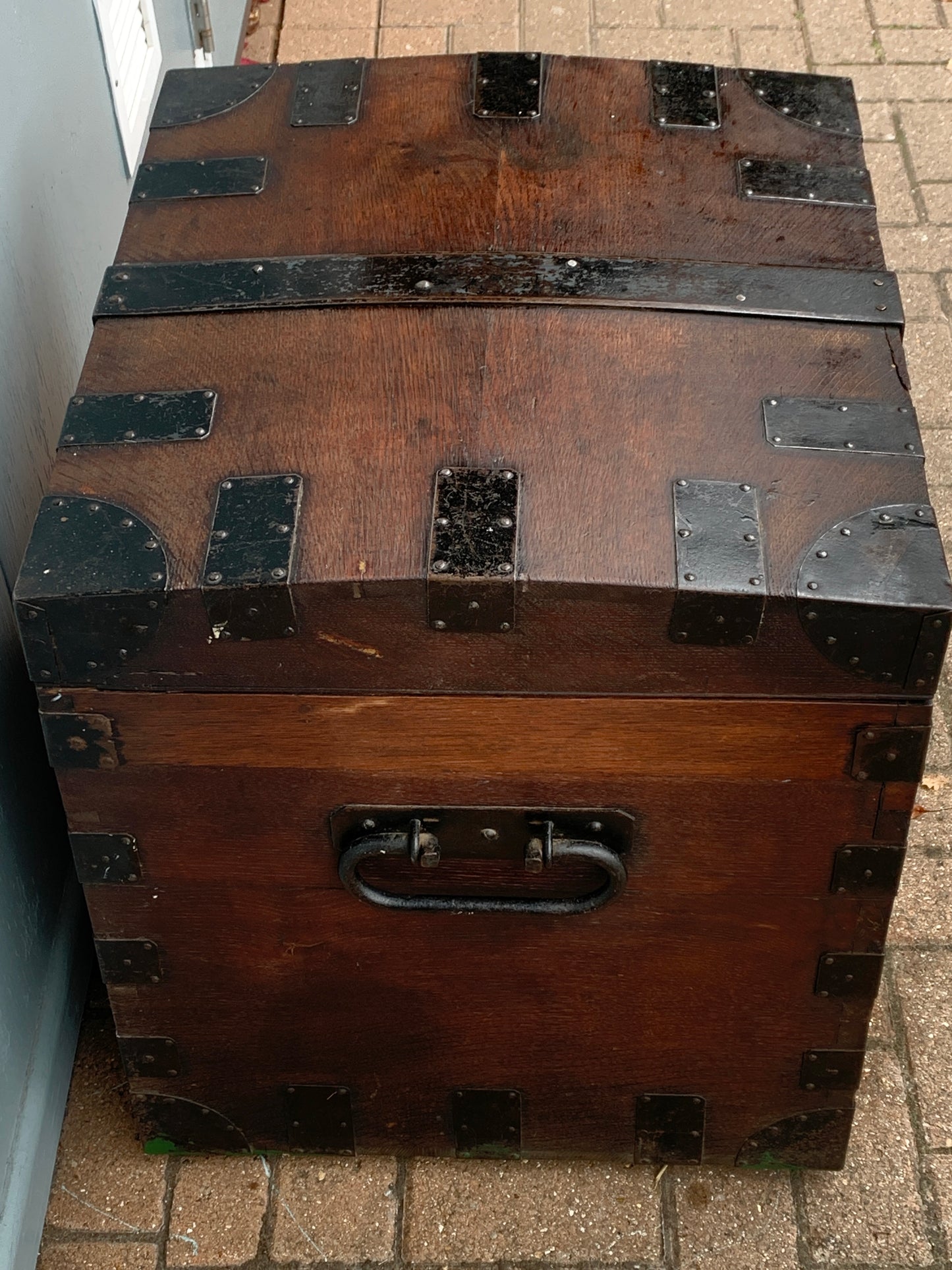 Antique English, Oak and Bound Iron Storage Trunk, Silver Chest, Campaign Chest, c 1800's.