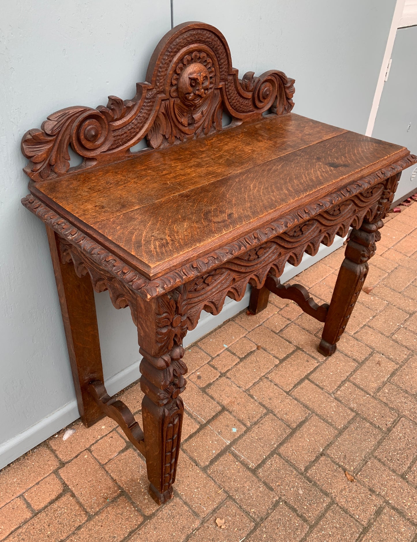 1860's Antique Victorian Carved Oak Console Hall Table with Green Man Motif